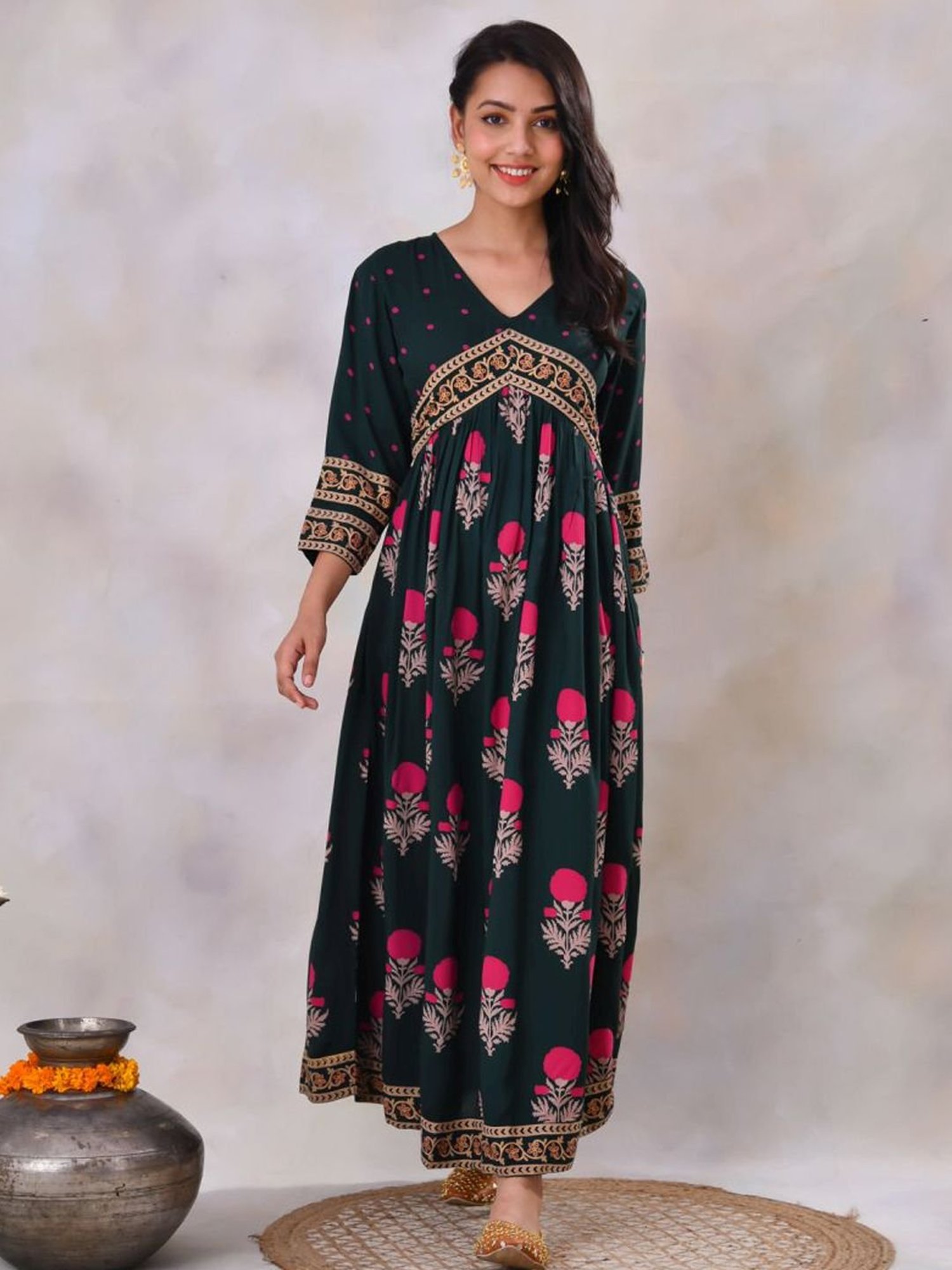 Rustorange Emerald Green Printed Dress