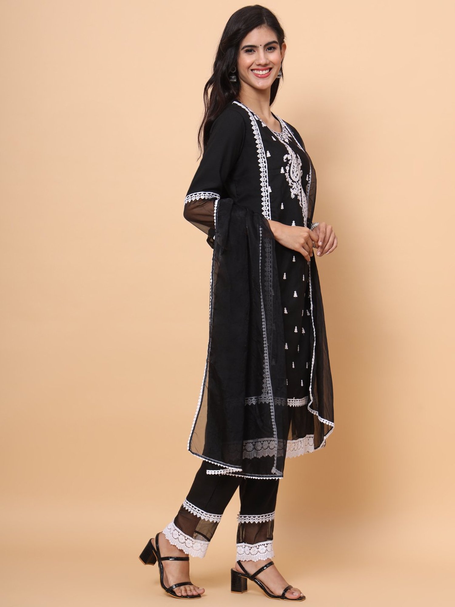 SWAGG INDIA Black Embroidered Kurta Pant Set With Dupatta