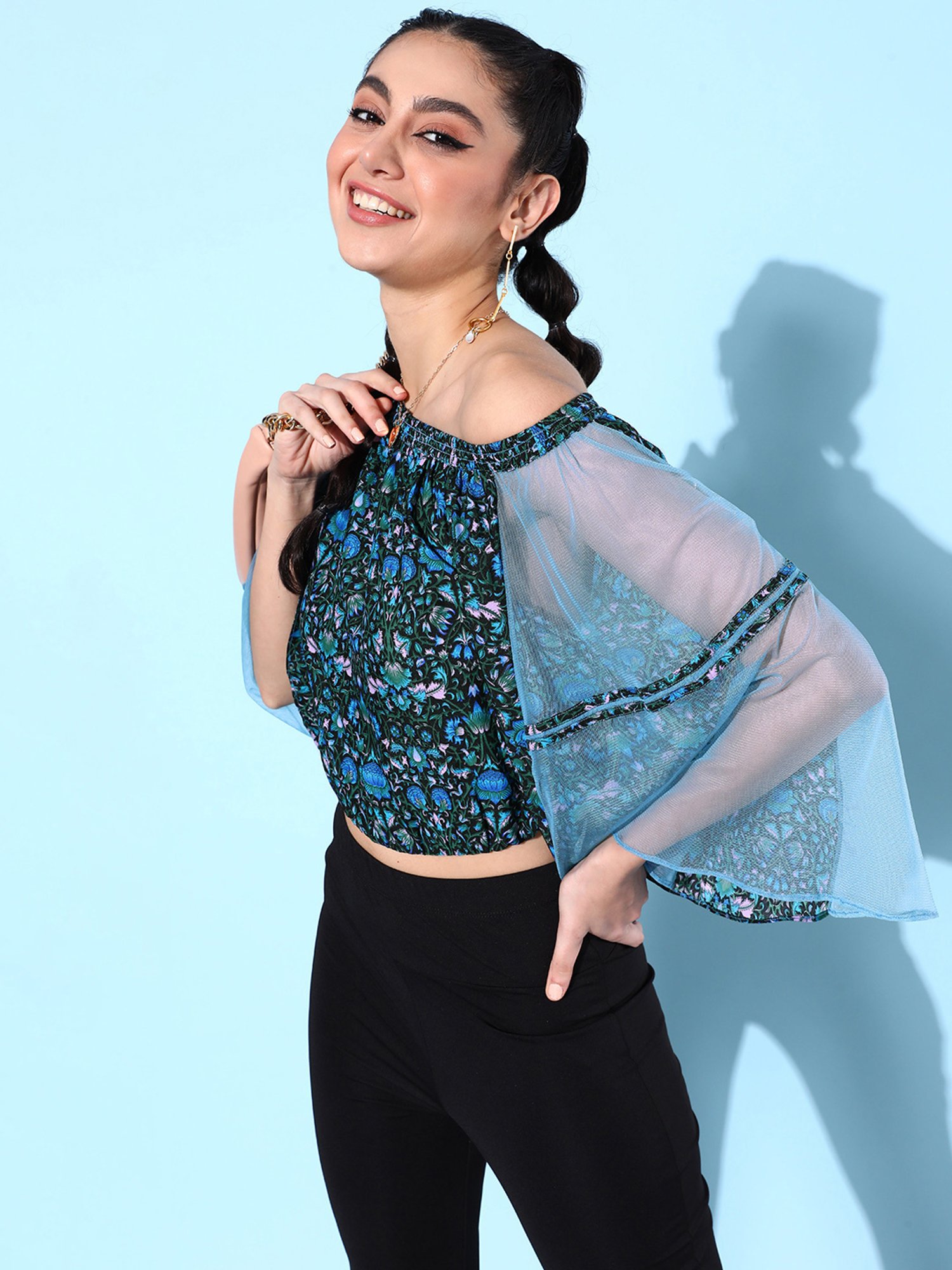 QUIERO Dark Blue Printed Crop Top