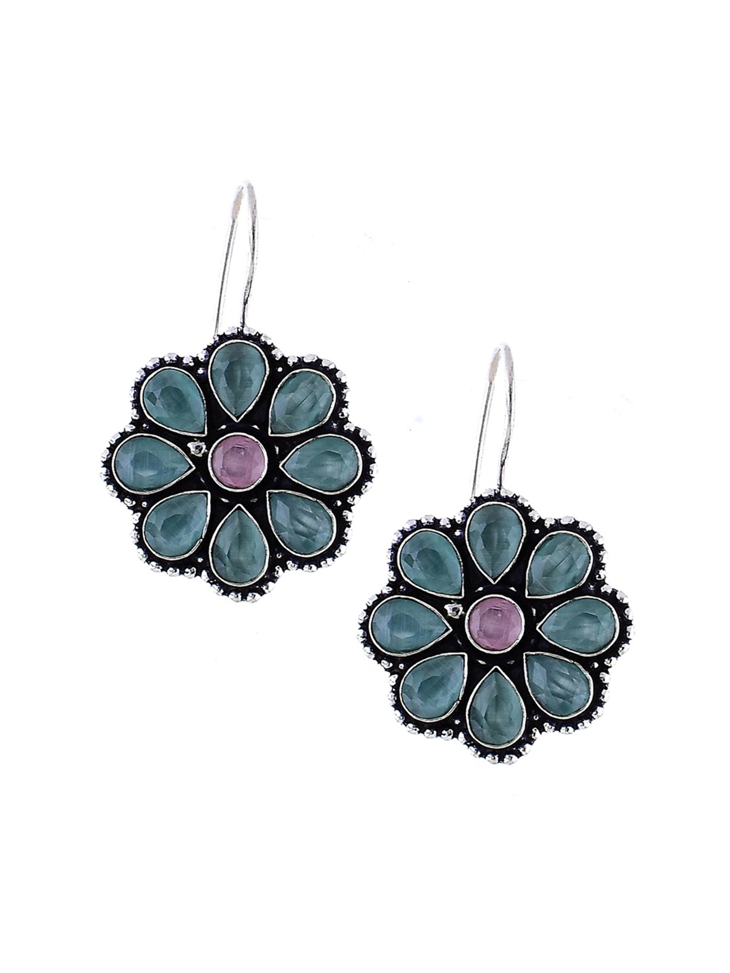 Imli Street Green-Pink Silver Stone-Studded Tone Handcrafted Drop Earrings