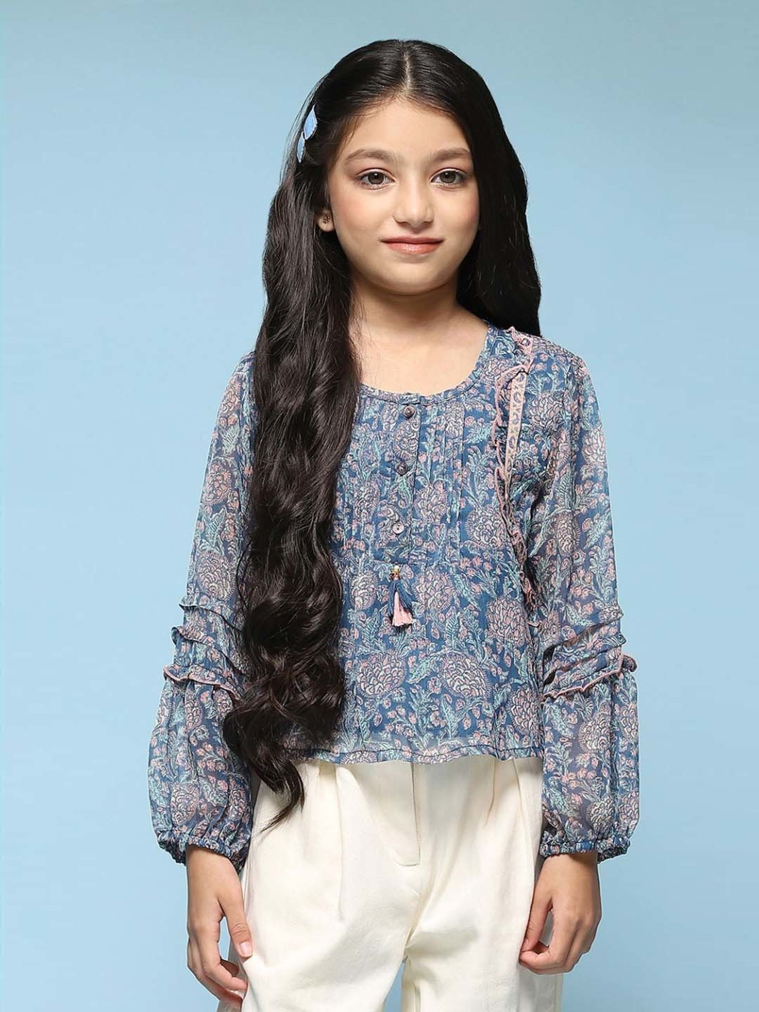 BIBA Girls Kids Blue Printed Full Sleeves Top