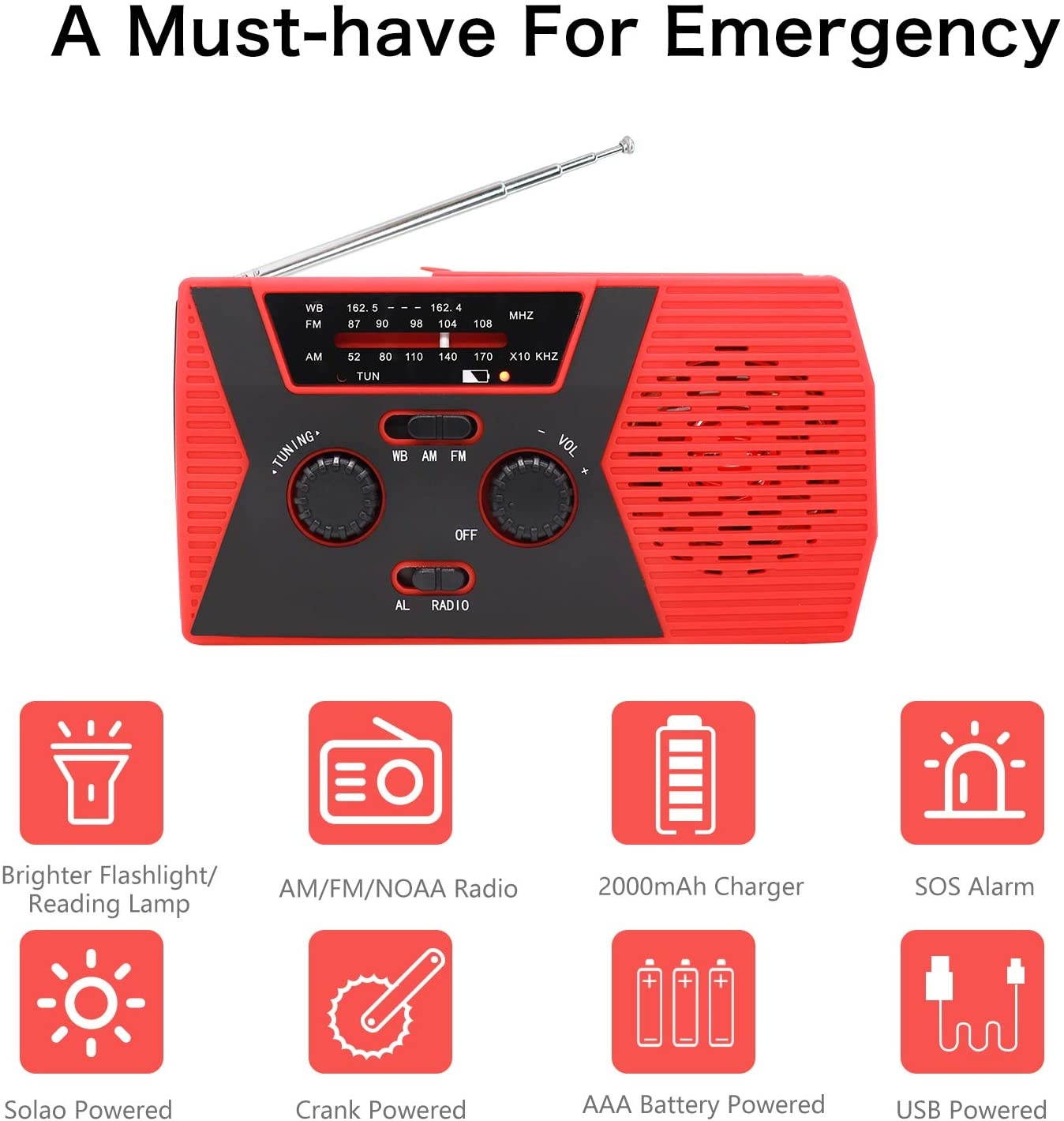 [Premium Version] RegeMoudal Emergency Solar Hand Crank Radio, NOAA Weather Radio for Emergency with AM/FM, LED Flashlight, Reading Lamp, 2000mAh Power Bank and SOS Alarm