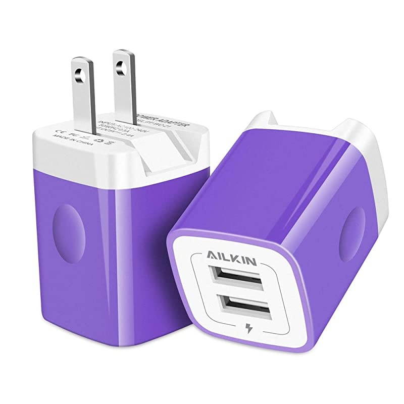 2Pcs  Foldable Charger Plug Dual Port Flat Smart IC USB Wall Charger Box Base Block for Phone XR Max XS X Galaxy S10e 10+ Plus S9 S8 J8 Fire 10 Pixel Moto Sony HTC Honor EarbudsPurple