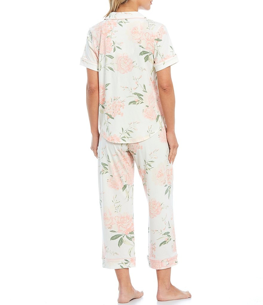 Cabernet Floral-Print Knit Button Front Short Sleeve Cropped Mid-Rise Coordinating Pajama Set