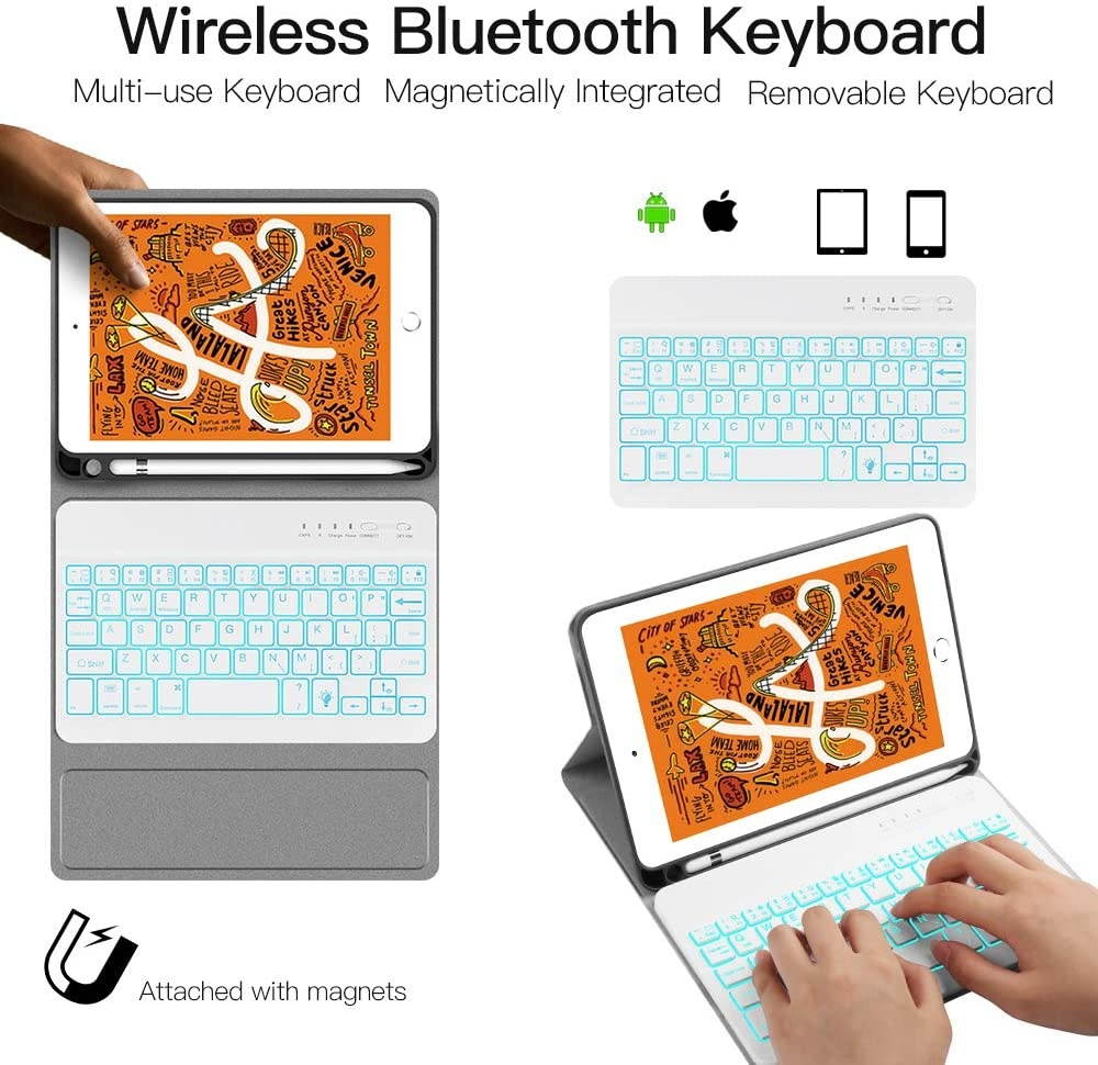 iPad Keyboard Case for iPad 7.9 JUQITECH Smart Case with Backlit Keyboard for iPad Mini 5 5th Gen Mini 4 Detachable Wireless Tablet Rechargeable Back lit Keyboard Cover Case with Pencil Holder Gray