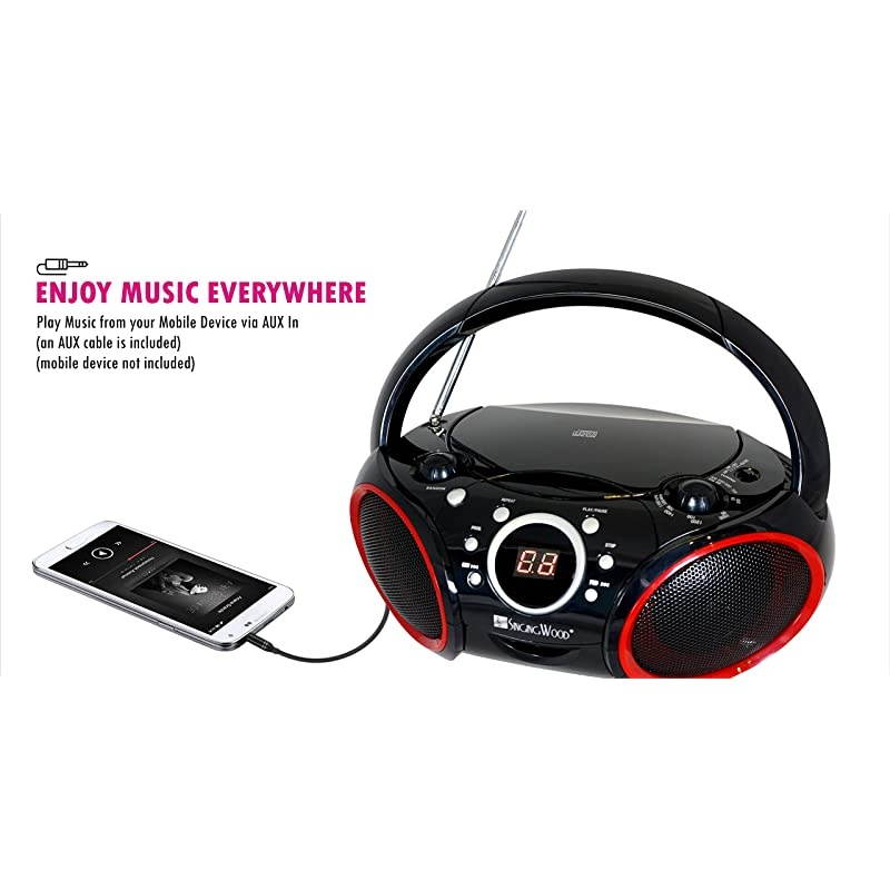 CD Player Boombox CDCDRCDRW Portable wBluetooth USB AMFM Radio Aux LineInput Headset Jack Foldable Carrying Handle and LED Light Phantom Black