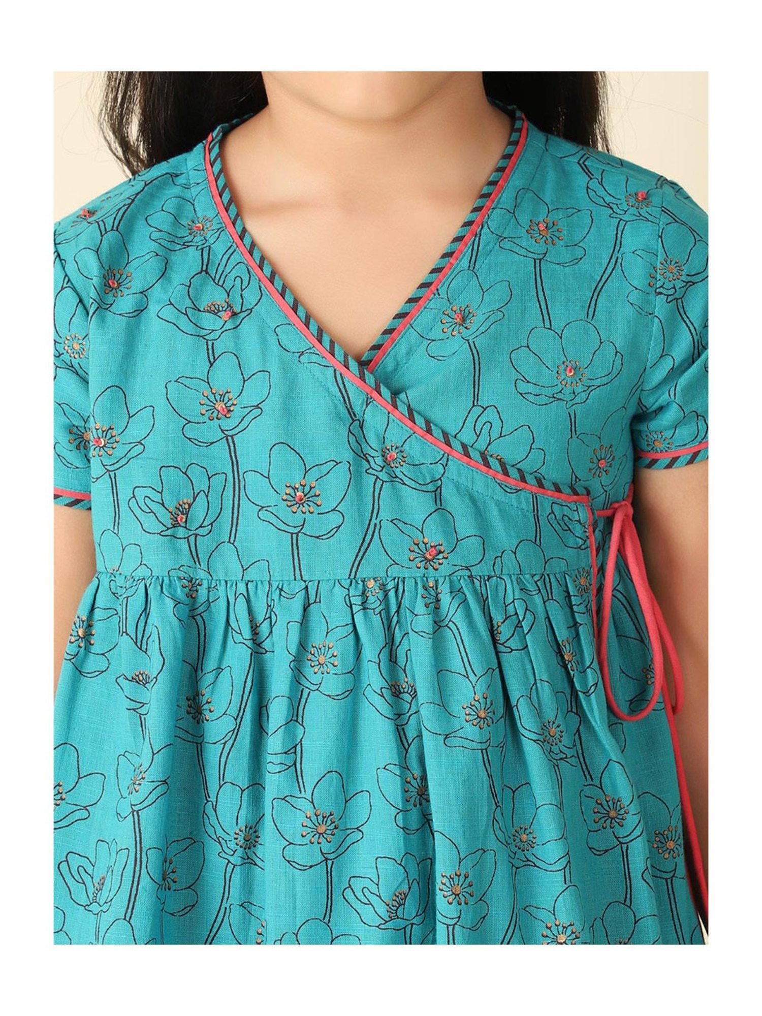 Fabindia Kids Blue & Coral Floral Print Kurta, Salwar with Dupatta