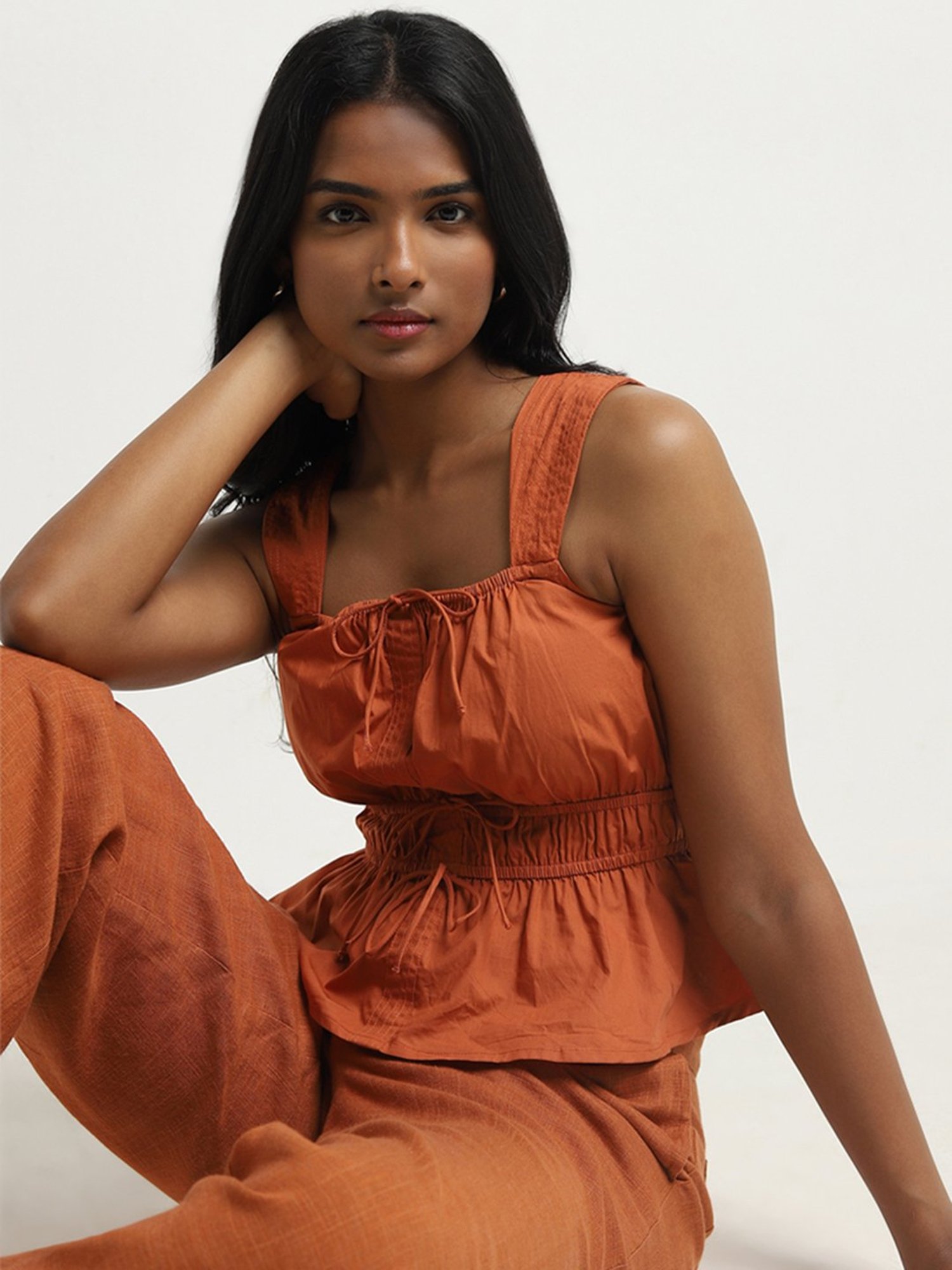 LOV by Westside Rust Smocked Cotton Top