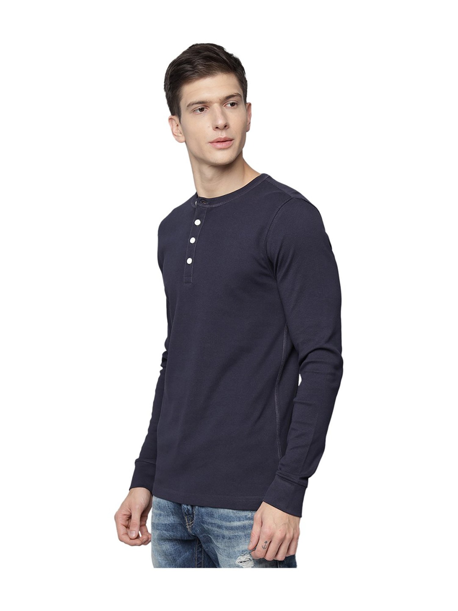 Lindbergh Navy Full Sleeves Henley T-Shirt