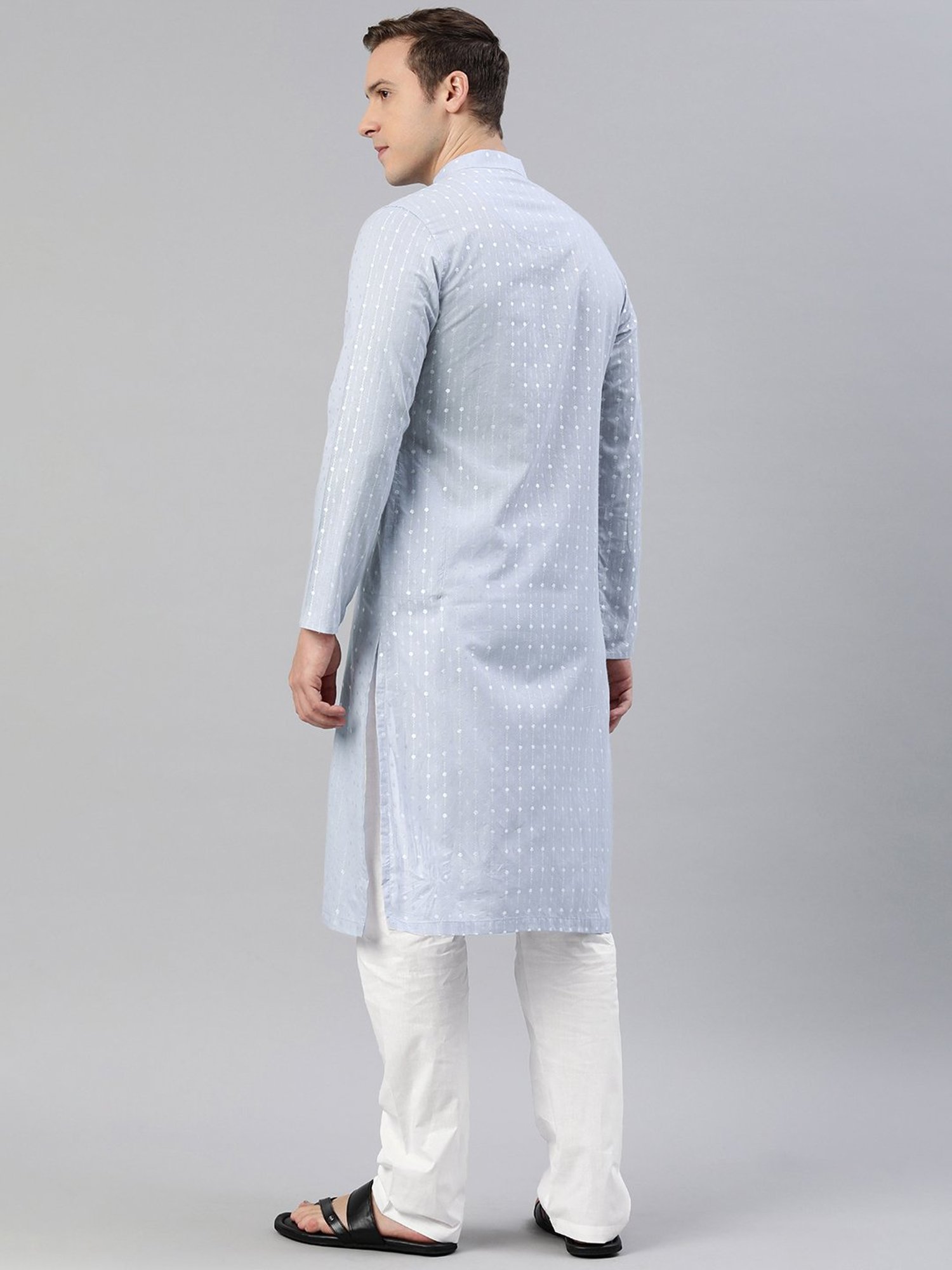 Manthan Slate Grey & White Regular Fit Self Design Kurta & Pyjamas Set