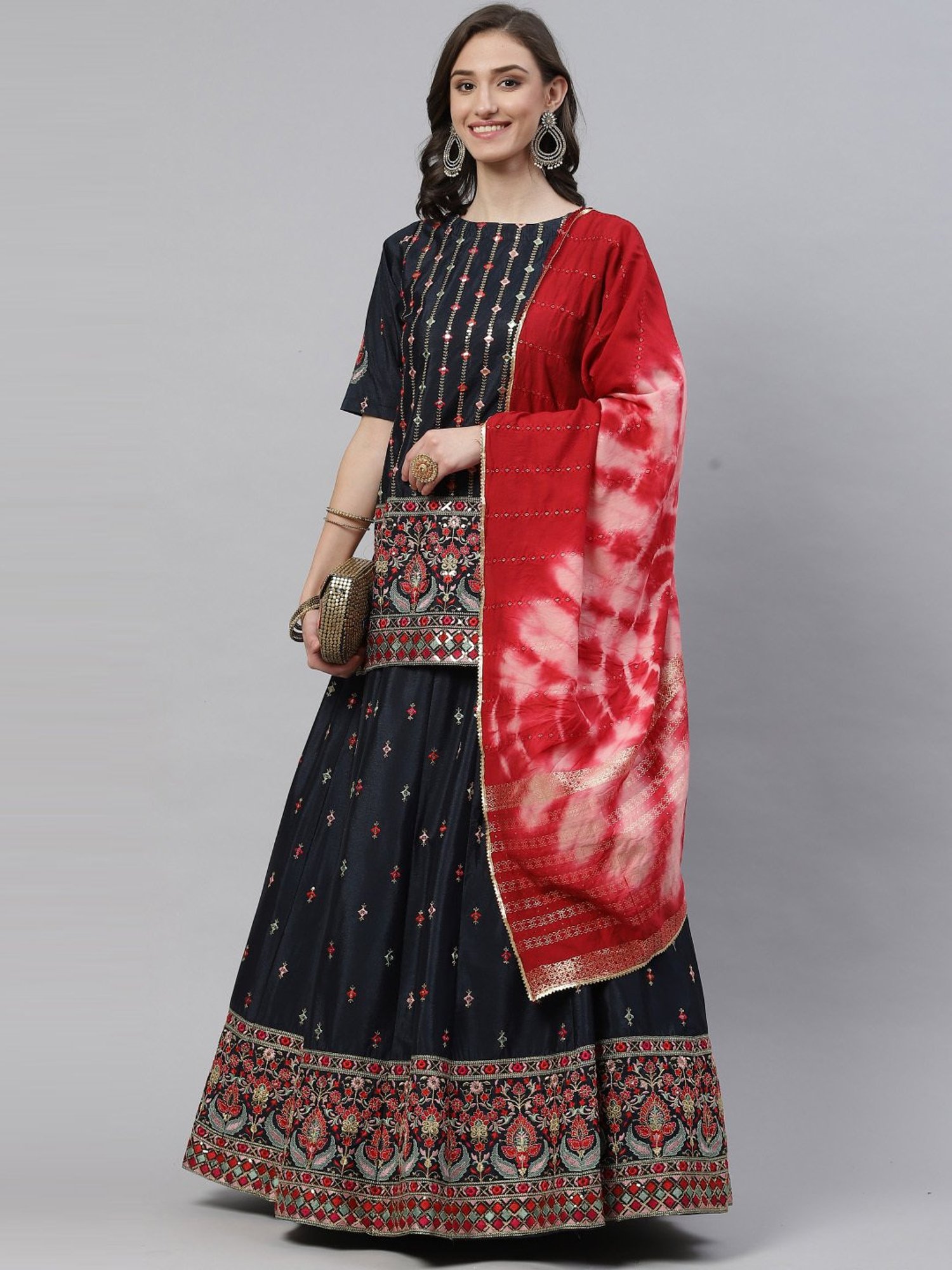 SHUBHKALA Navy & Red Embroidered Lehenga and Choli Set With Dupatta