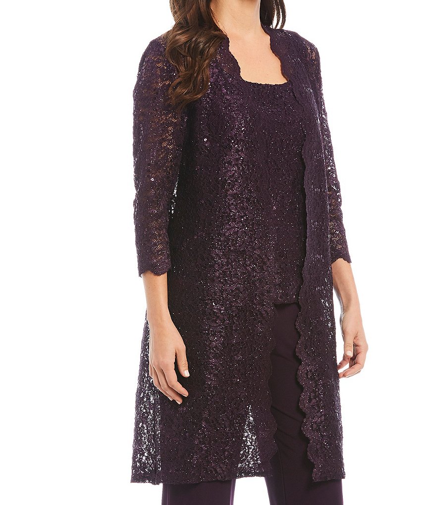R & M Richards 3-Piece Sequin Glitter Scallop Lace Duster Pant Set