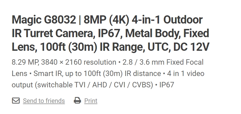 Eyemax Magic series TIU G8032 8MP 4K UHD Outdoor IR Turret Camera, IP67, Metal Body 3.6mm 12V DC