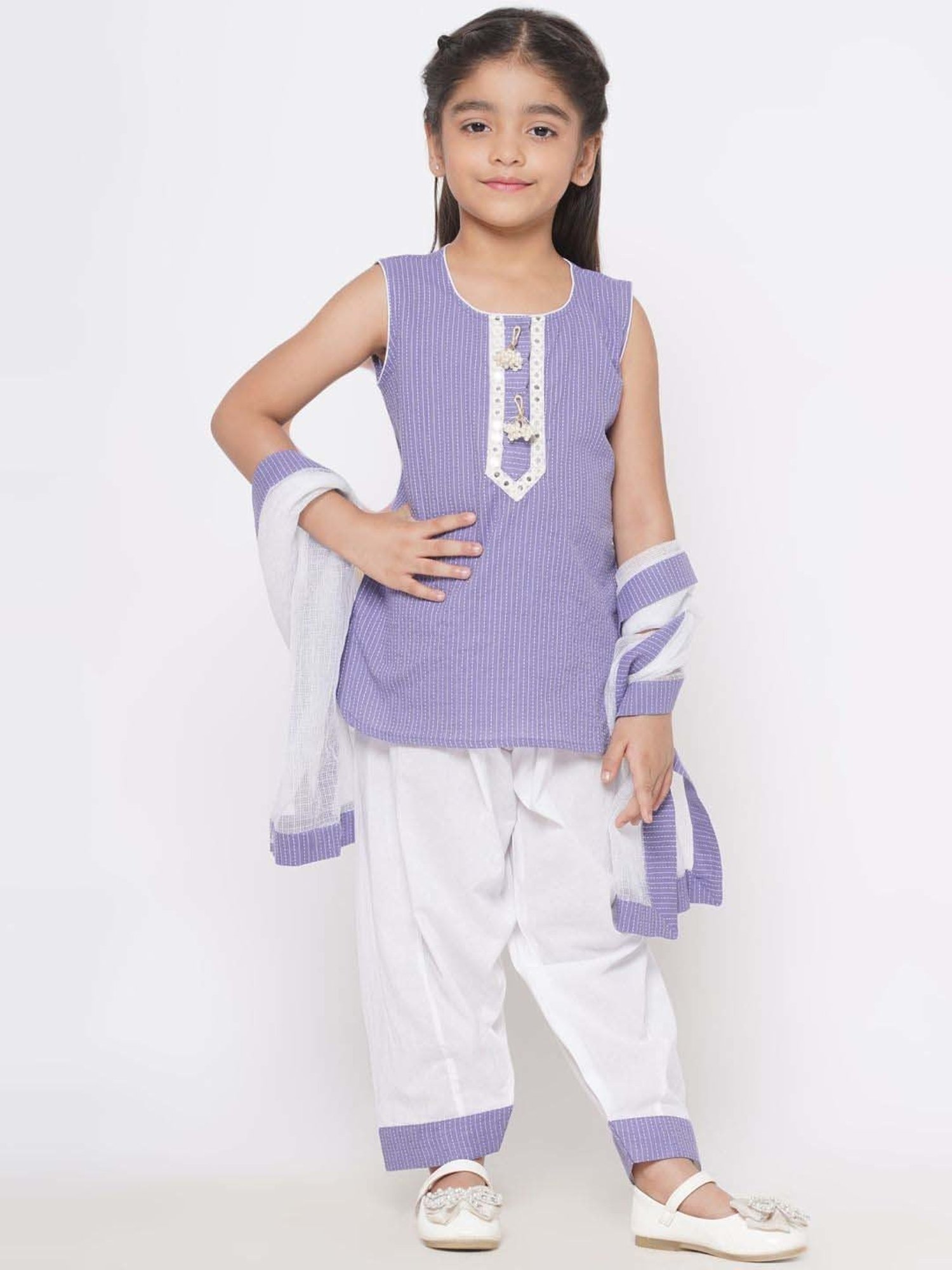 Little Bansi Kids Lavender & White Cotton Embroidered Kurta Set