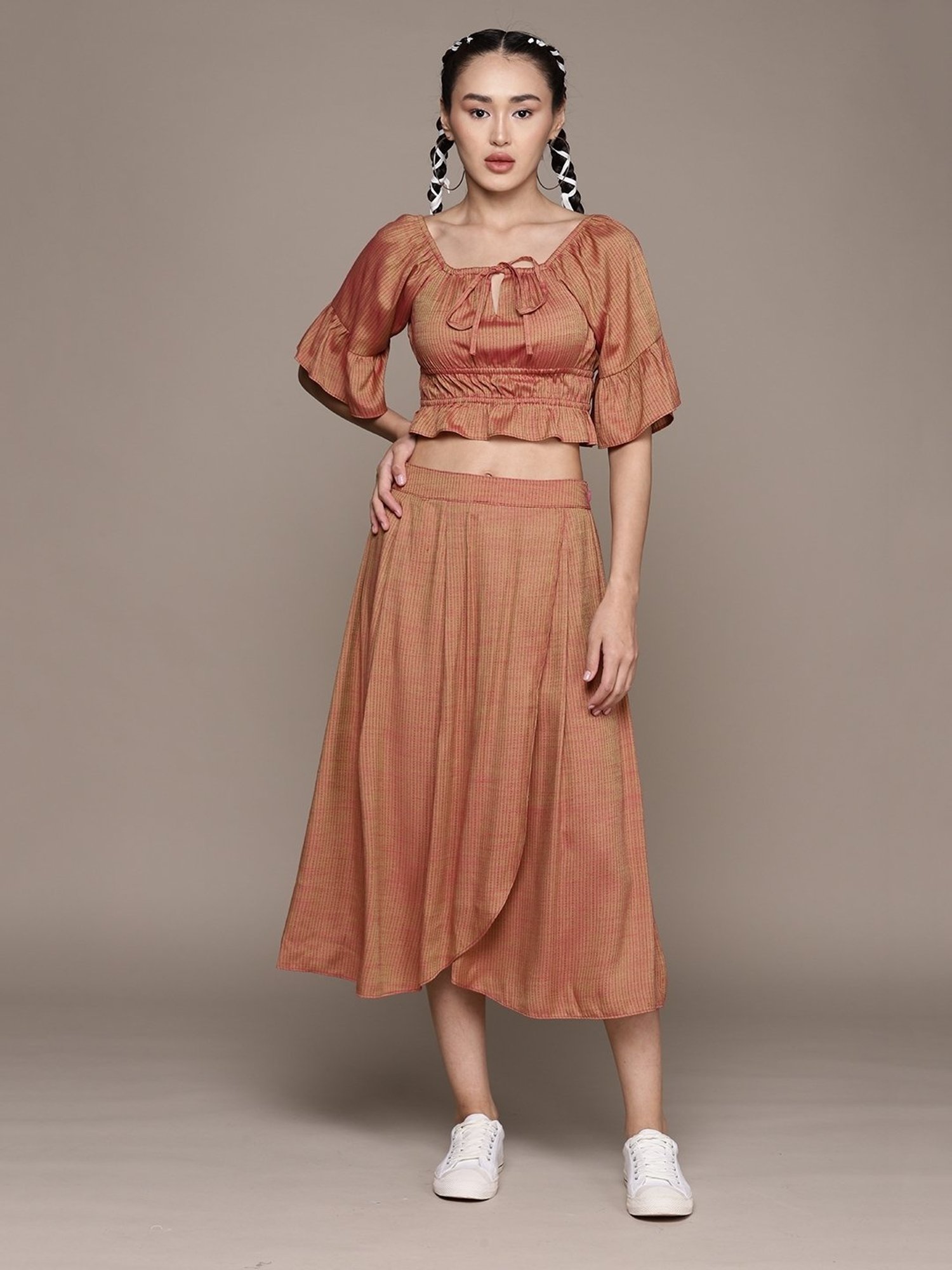 aarke Ritu Kumar Rust Printed Short Top And Skirt Co-Ord Set