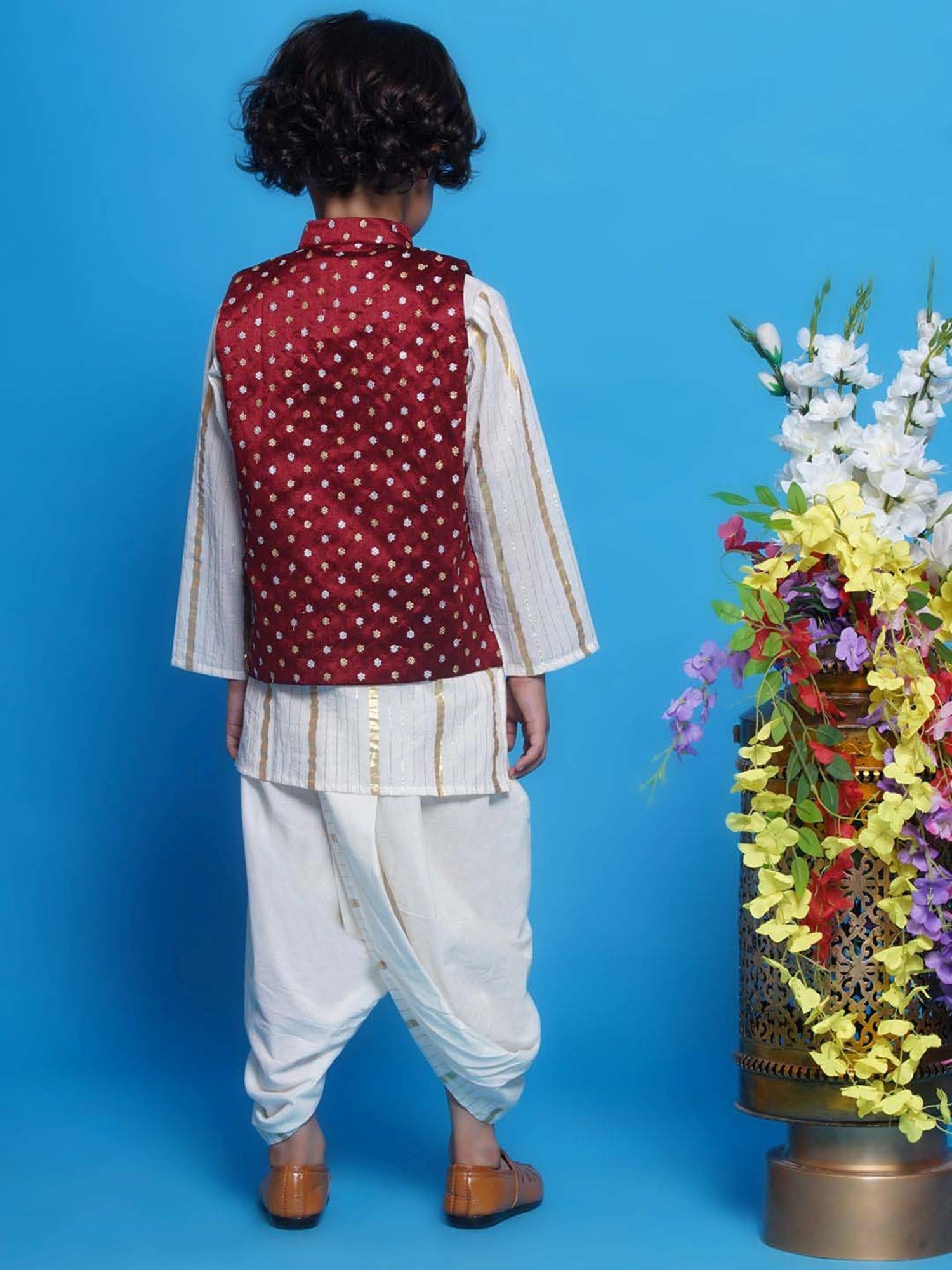 Little Bansi Boys Multicolor Cotton Self Full Sleeves Kurta Set