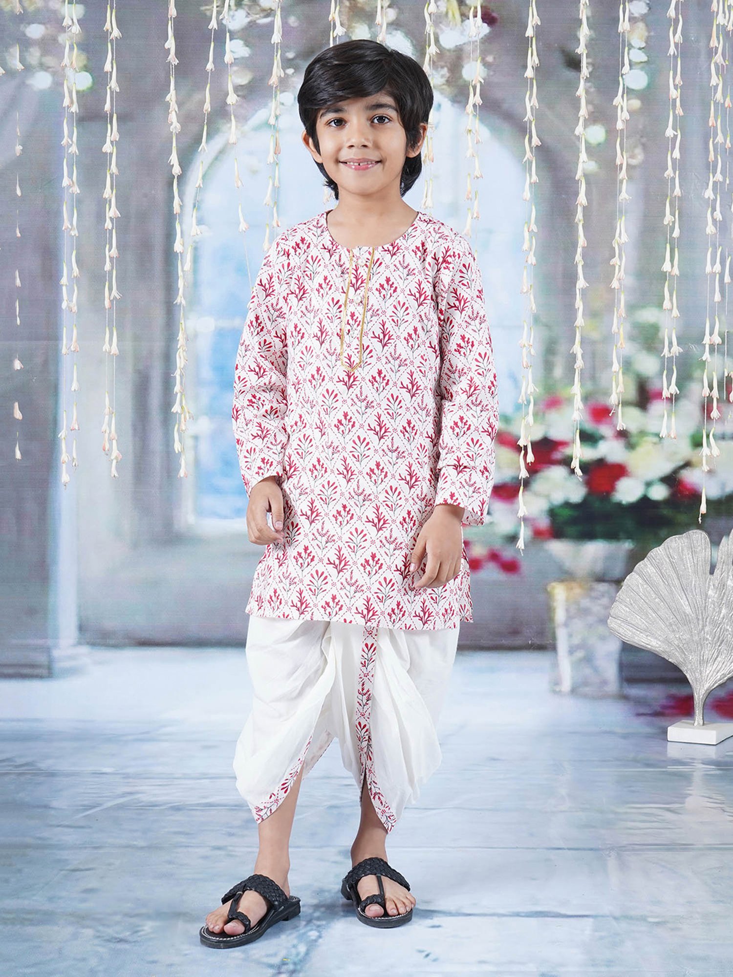 Little Bansi Kids White & Pink Printed Kurta with Dhoti