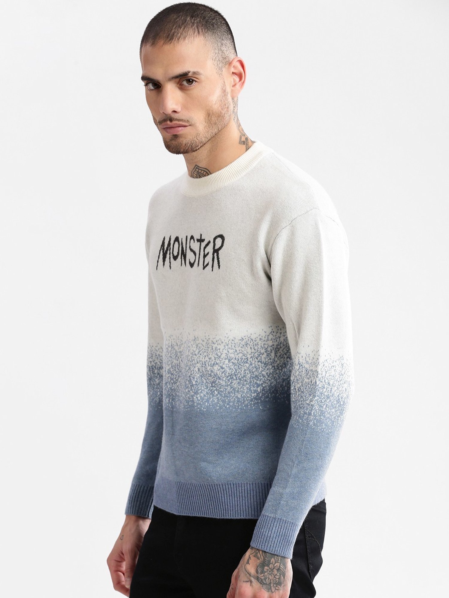 Showoff Blue Slim Fit Self Pattern Sweater