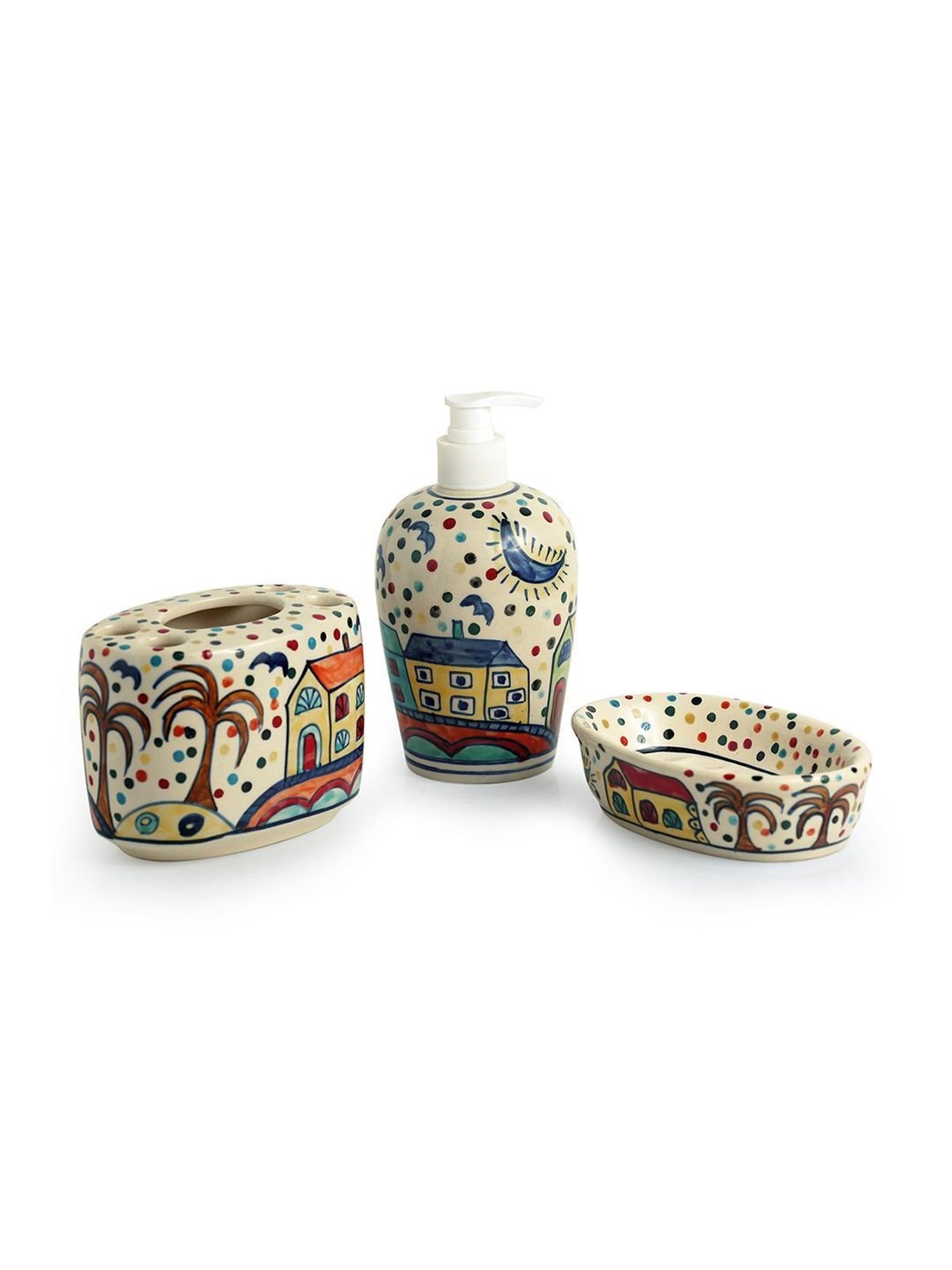 ExclusiveLane 'The Hut Essentials' Hand-Painted Ceramic Bathroom Accessory (Set Of 3)