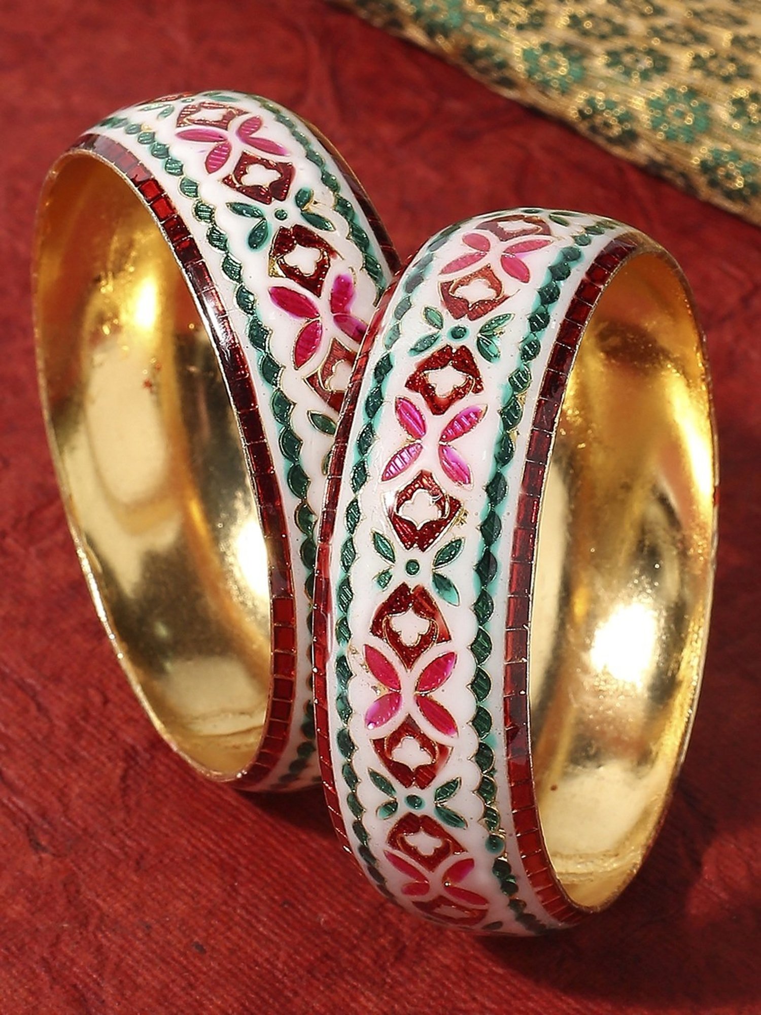 Oomph Jewellery White Red & Green Meenakari Floral Design Brass Bangles - Set of 2