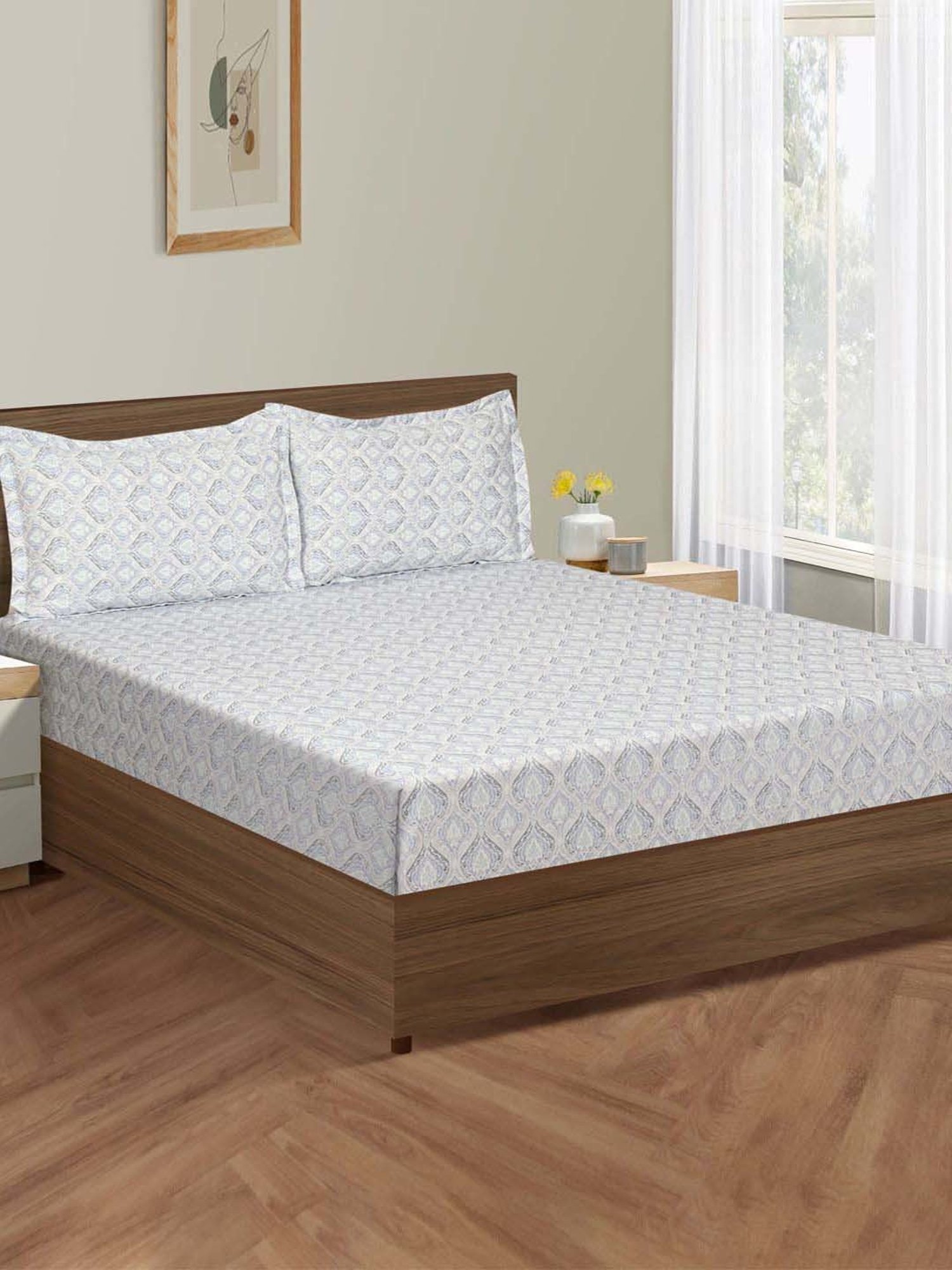 Swayam Grey Cotton 300 TC Double Size Bedsheet With Pillow Covers