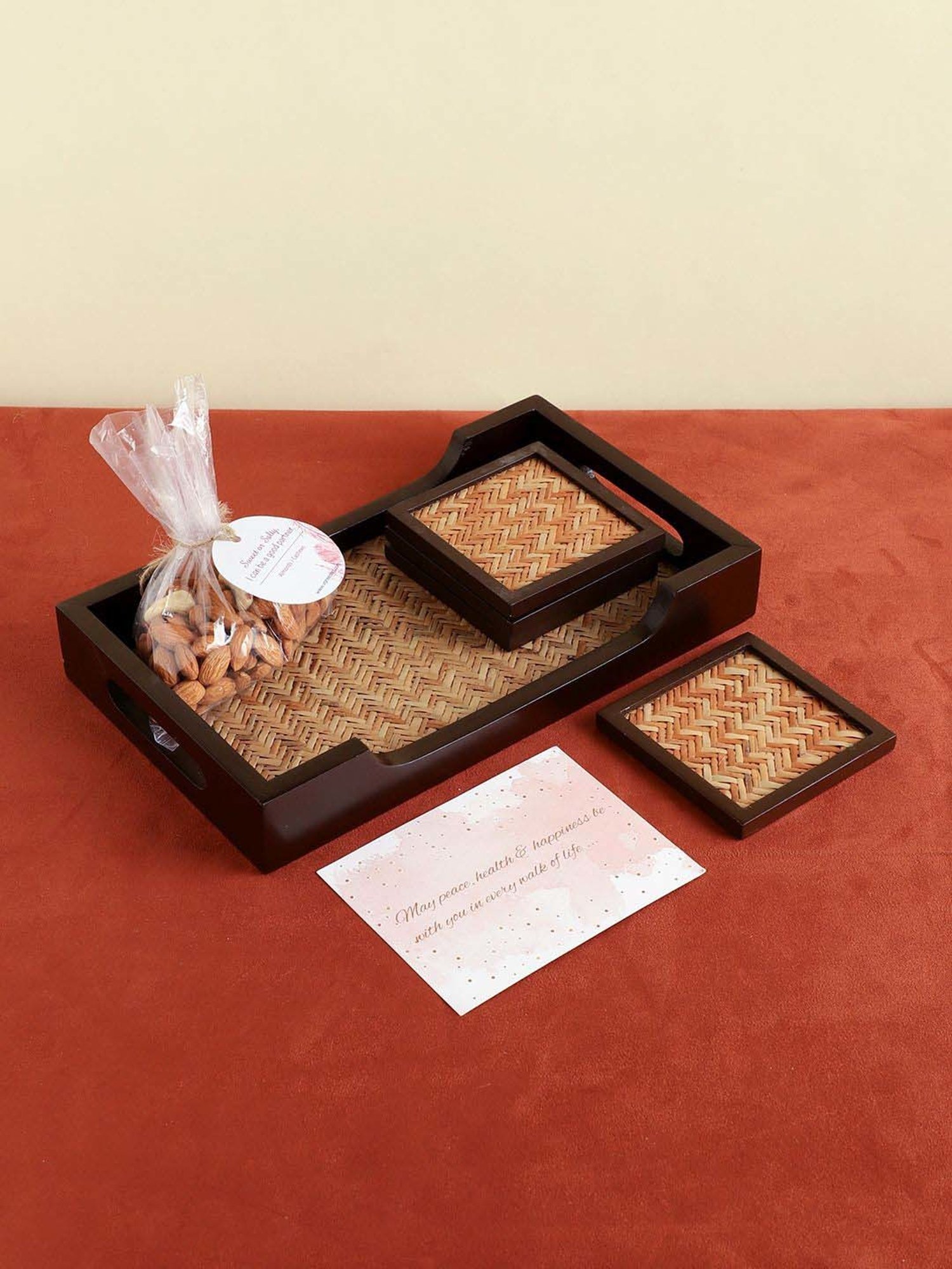 VarEesha Serve With Love Brown Wood Tray with Coaster - Set of 5
