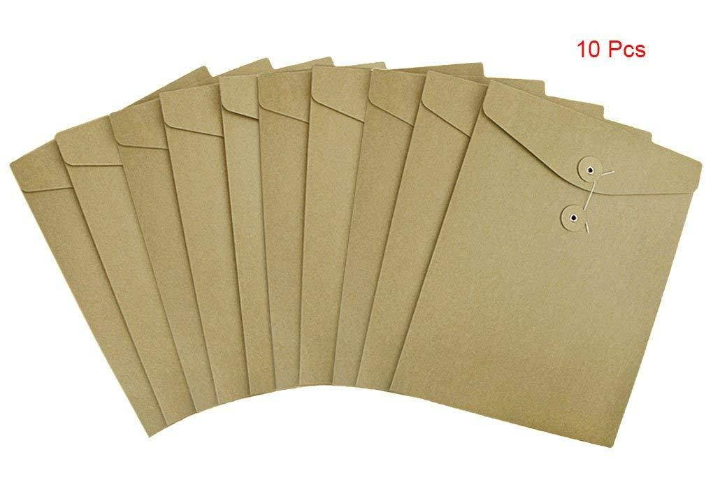 10 Pcs A4 Size Kraft Paper Project Envelope File Folder Bags Document Bills Storage Organizer Bag Case with Expandable Gusset Portfolio Organizer Sleeve Pocket With String Fastener, Office Supplies