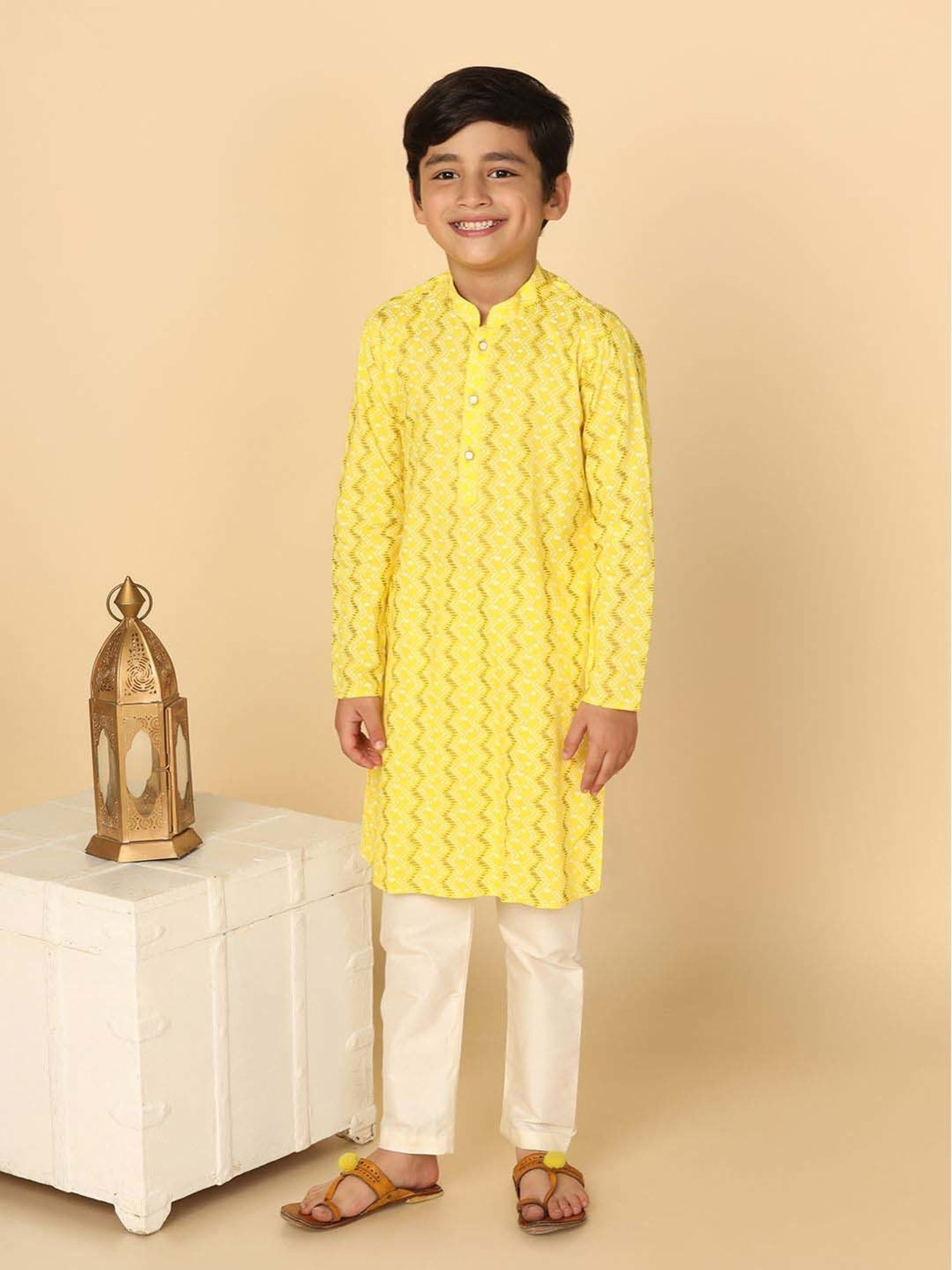 KISAH Kids Yellow Cotton Printed Full Sleeves Kurta