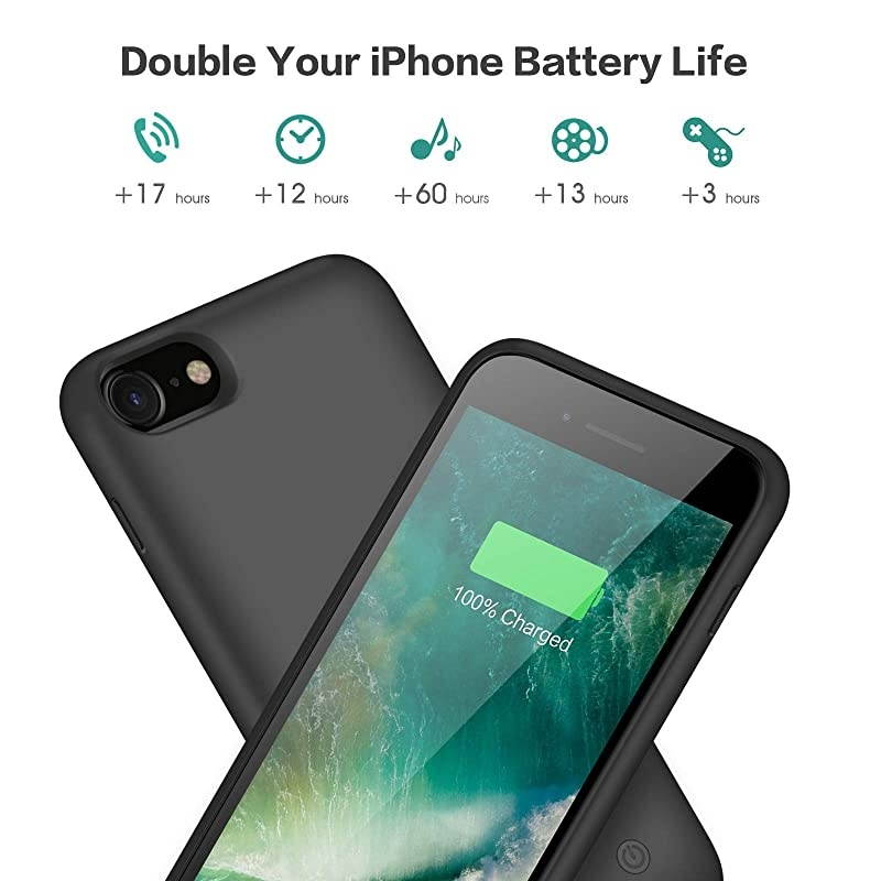 Battery case for iPhone 8/7,  [6000mah] Upgraded Charging Case Protective Portable Charger Case Rechargeable Extended Battery Pack for Apple iPhone 7/8(4.7') Backup Power Bank Cover (Black)