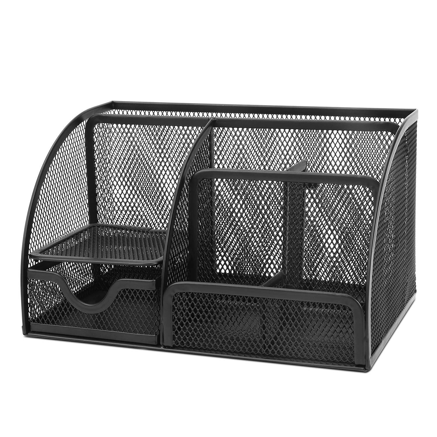 Desk Organizer Office Supplies Accessories Desktop Tabletop Sorter Shelf Pencil Holder Caddy Set - Metal Mesh with Drawer and 6 Compartments (Black)