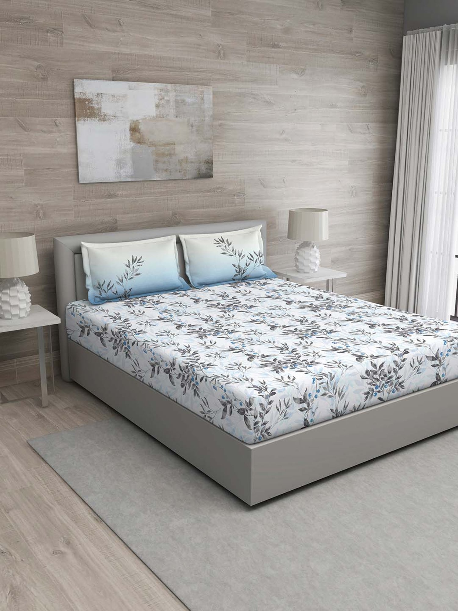 GM Blue 100% Cotton 144 TC Queen Bedsheet Set