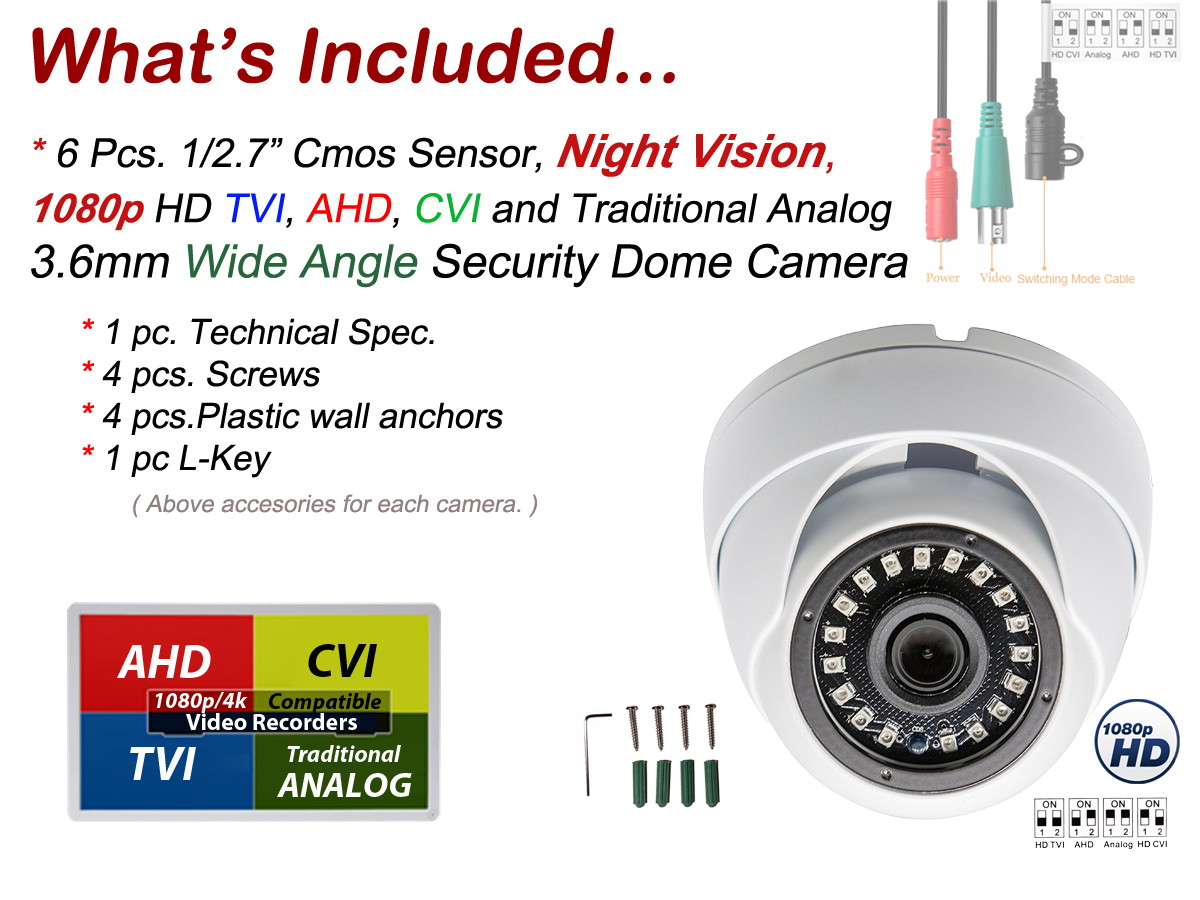 Evertech 1080p Dome Security Cameras 1920x1080 high resolution Weatherproof Indoor/Outdoor, Night Vision up to 50ft, 3.6mm Fixed Lens white metal casing (Pack of 6)