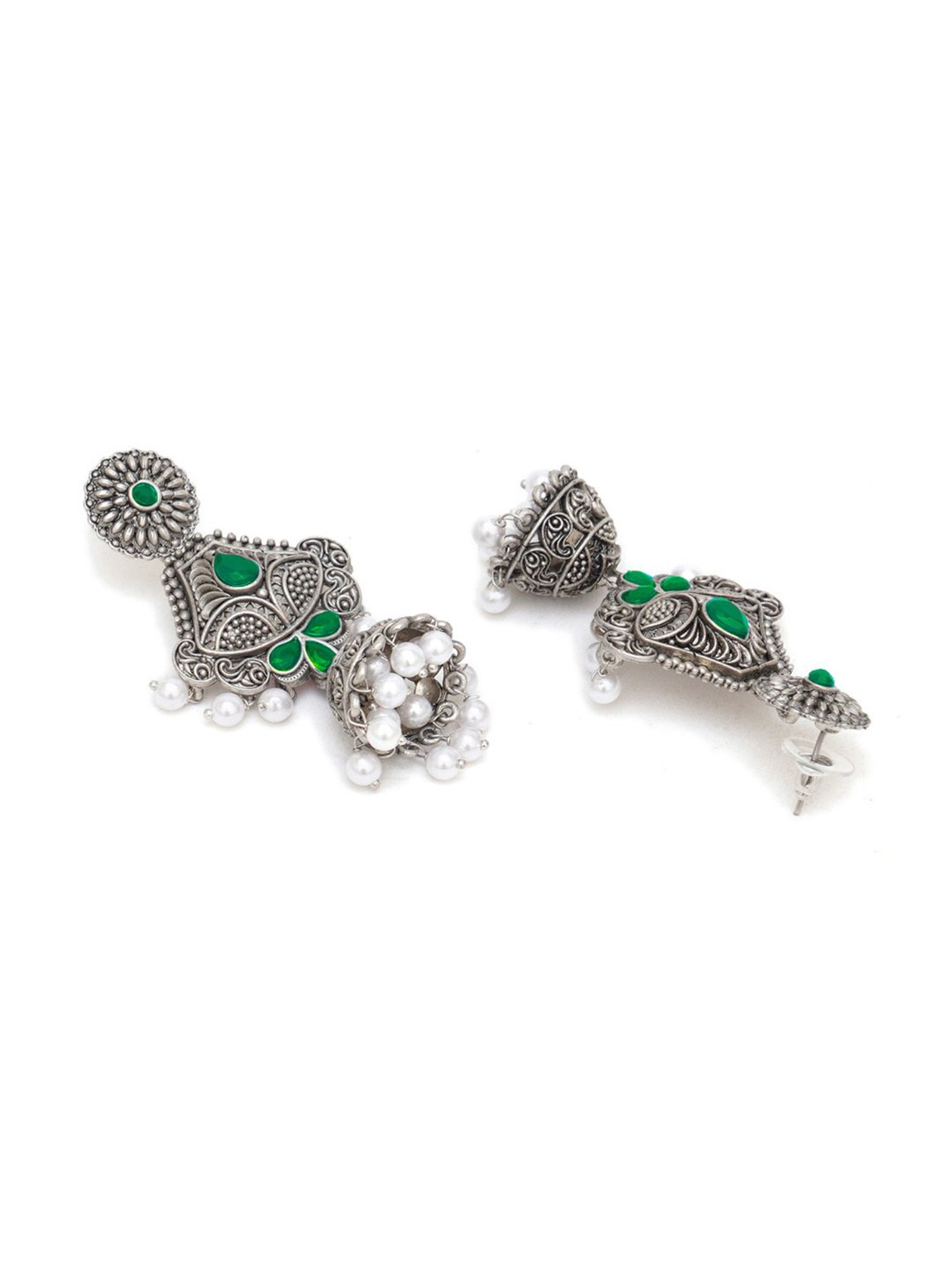 Karatcart Oxidized Silver Handcrafted Green Long Jhumki Earrings