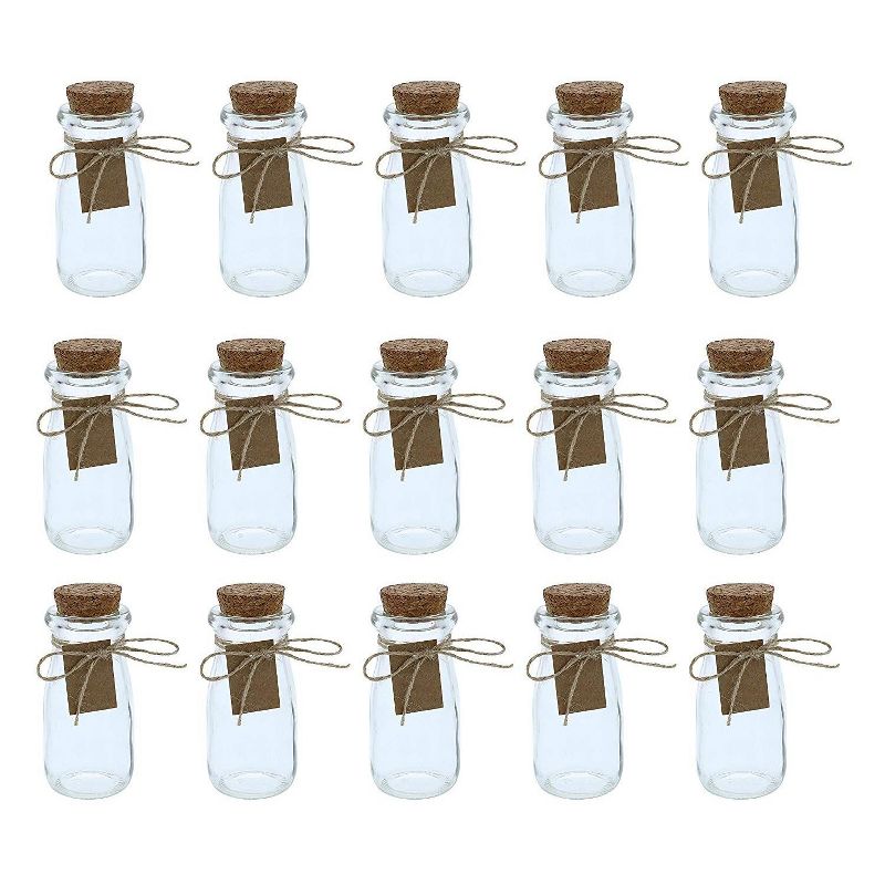 15x Mini Clear Transparent Milk Jars Glass Bottle with Cork Stoppers Lid, 2.7Oz