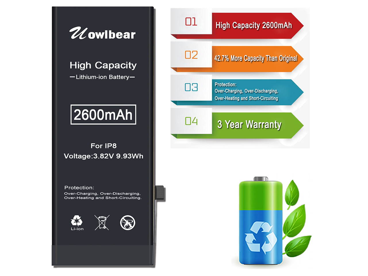uowlbear 2600mAh Battery for iPhone 8 A1906 A1905 A1863 with Complete Replacement Kits and Adhesive Strips -0 Cycle High Capacity