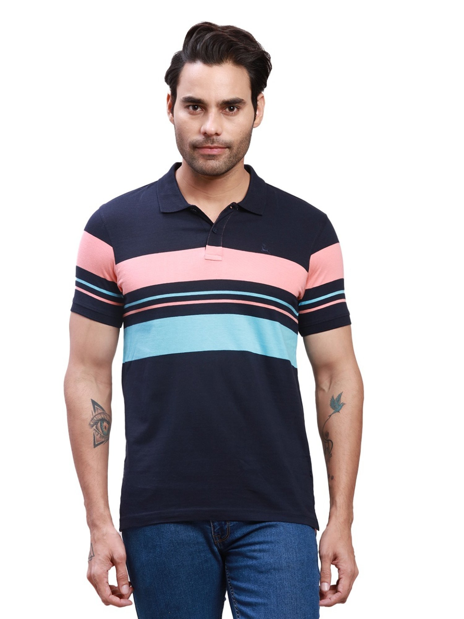 Parx Dark Blue Cotton Regular Fit Colour Block Polo T-Shirt