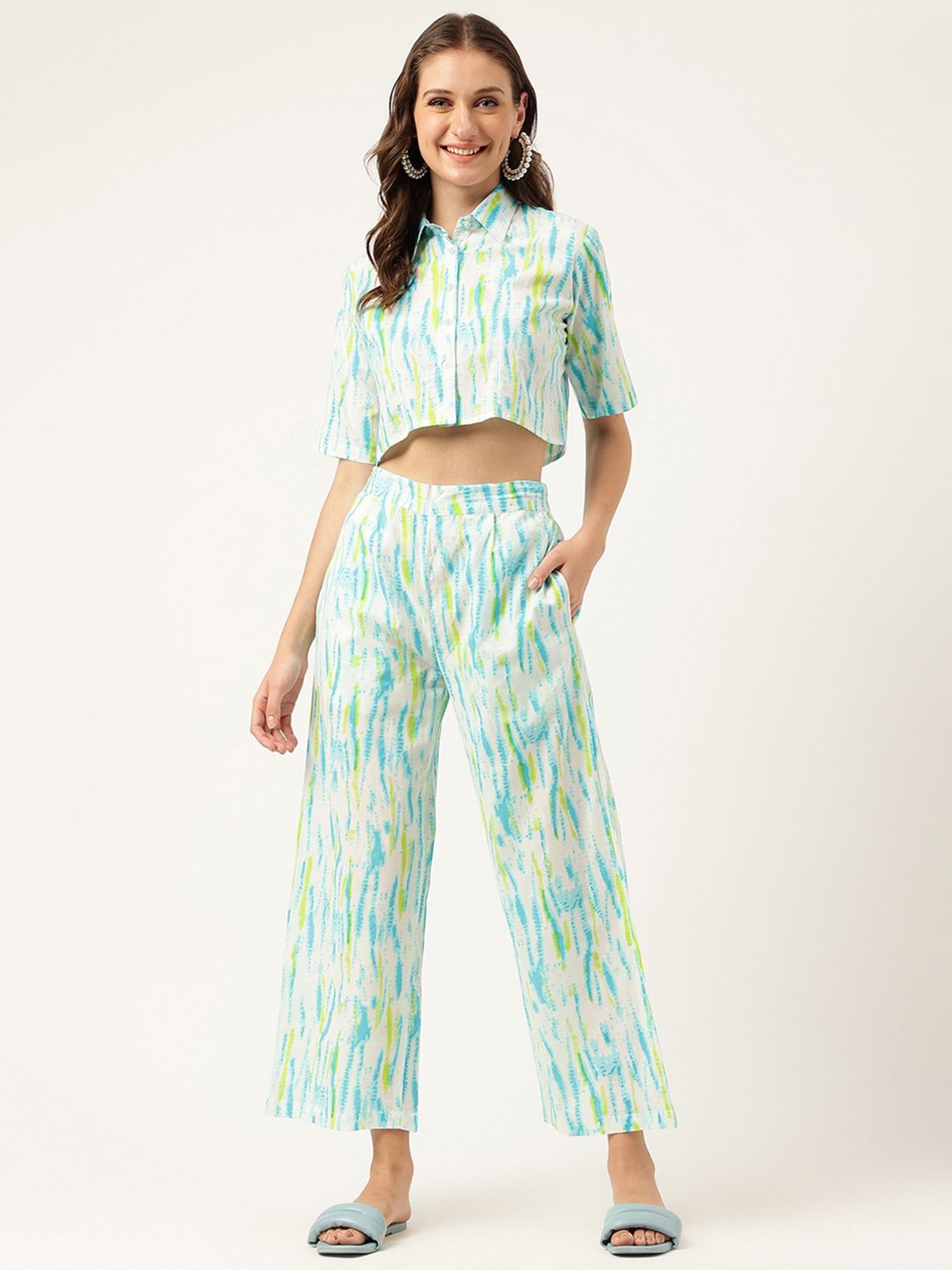 Divena White Cotton Tie Dye Crop Shirt With Pants
