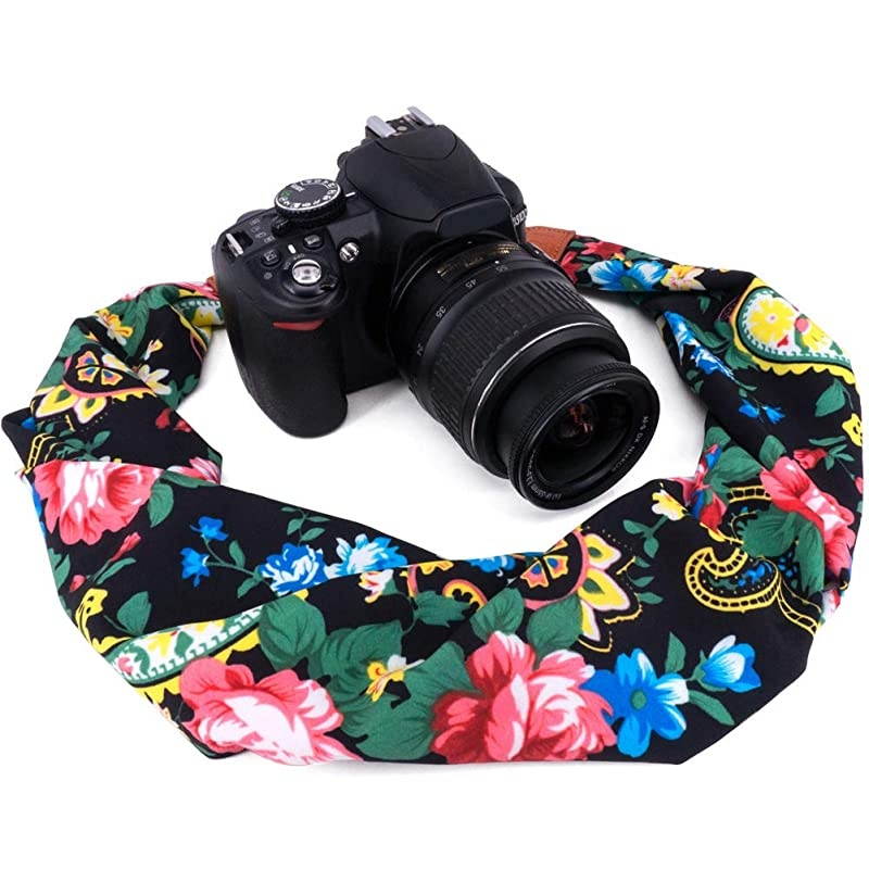 Soft Scarf Camera Neck Shoulder Strap Belt Compatible with All DSLR/SLR/Digital Camera (DC) / Instant Camera Etc, Black Multi Floral