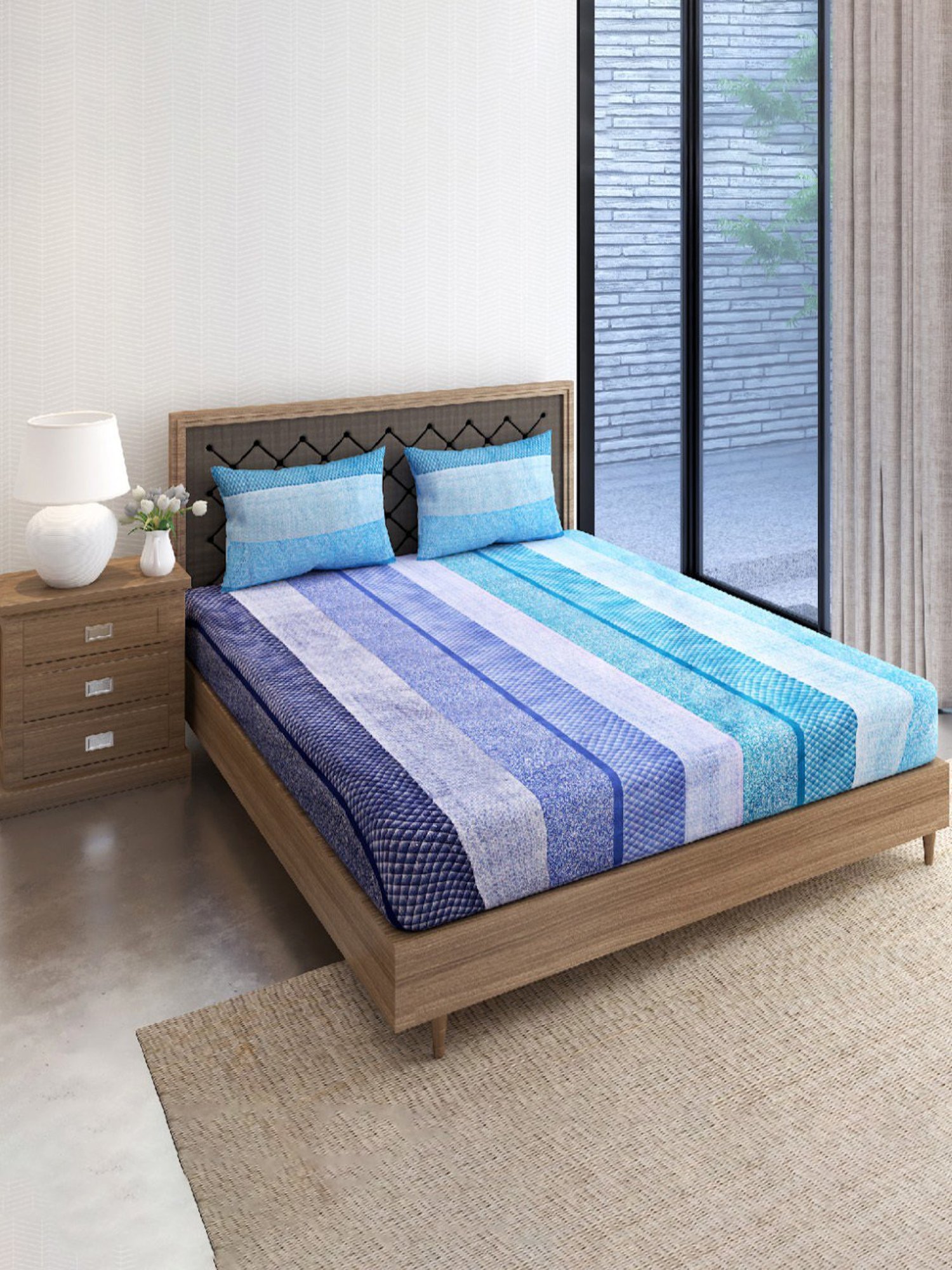 Swayam Vedic Geometric Blue & Teal 144 TC Cotton Double Bedsheet with 2 Pillow Covers