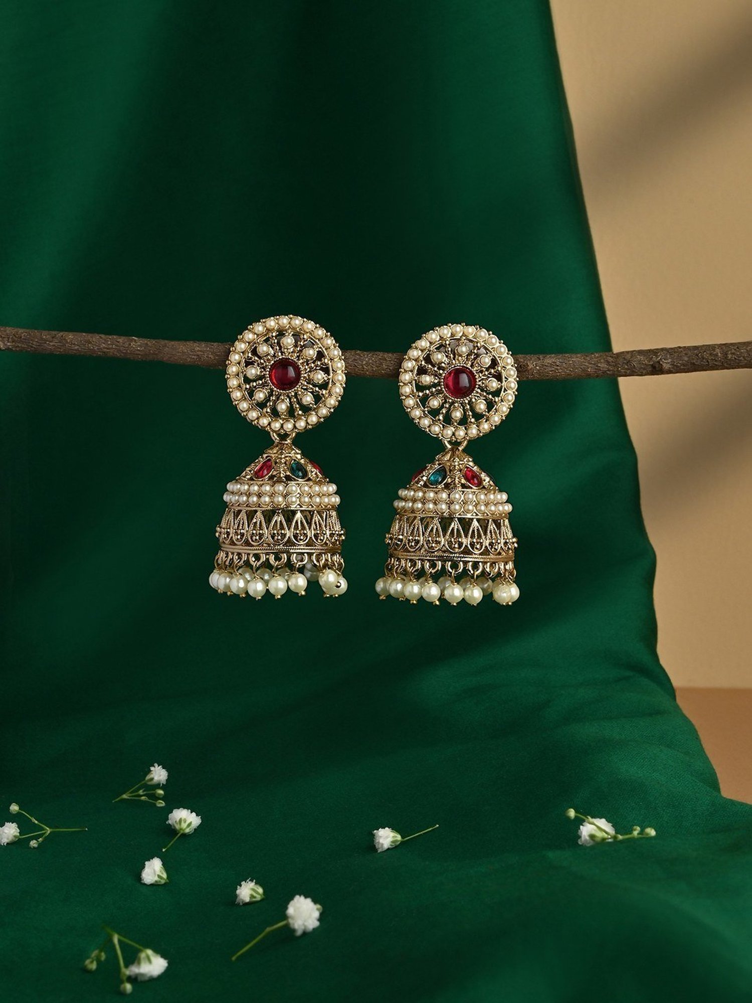 Fida Gold Plated Multicolor White Pearls Temple Jhumki Earrings for Women