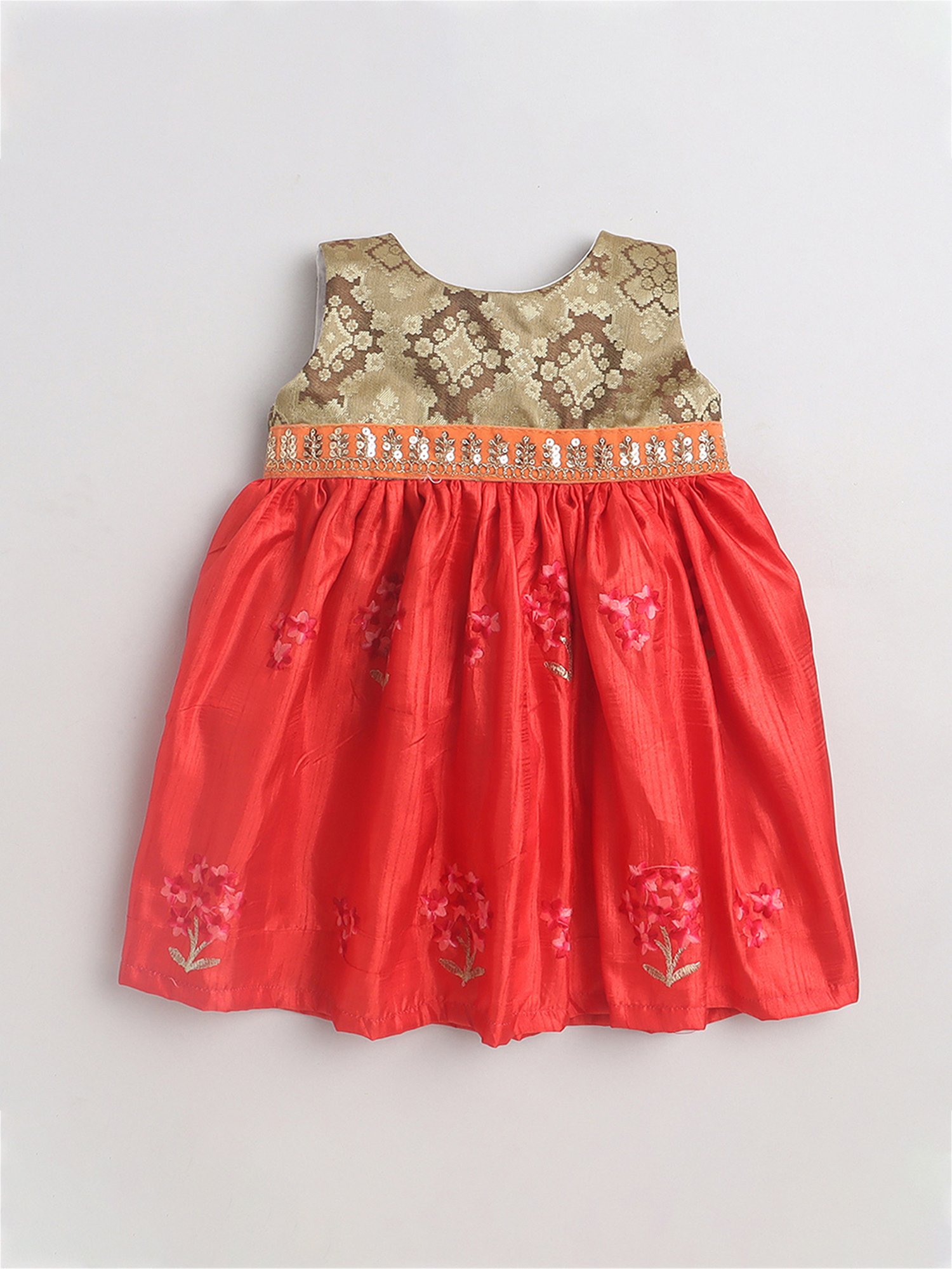 Many Frocks Kids Gold & Red Embroidered Dress