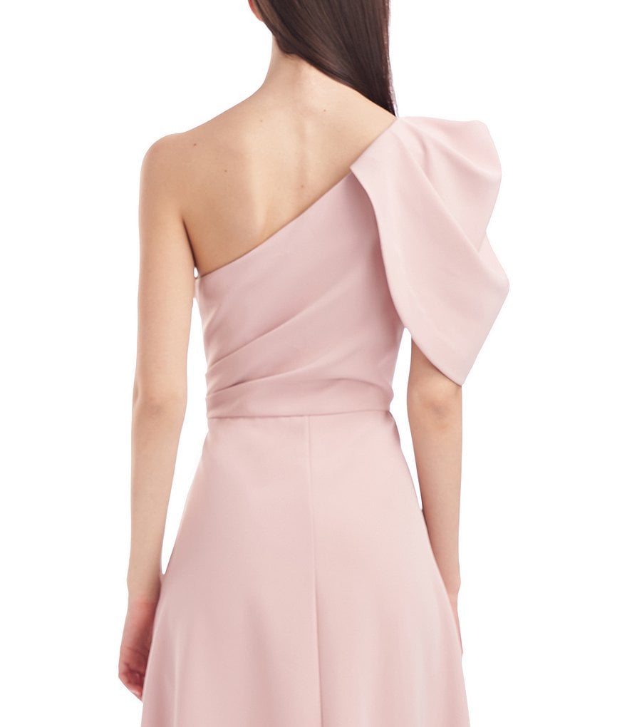 Kay Unger Bijou One-Shoulder Neck Short Elbow Sleeve Stretch Crepe Walk-Through Jumpsuit