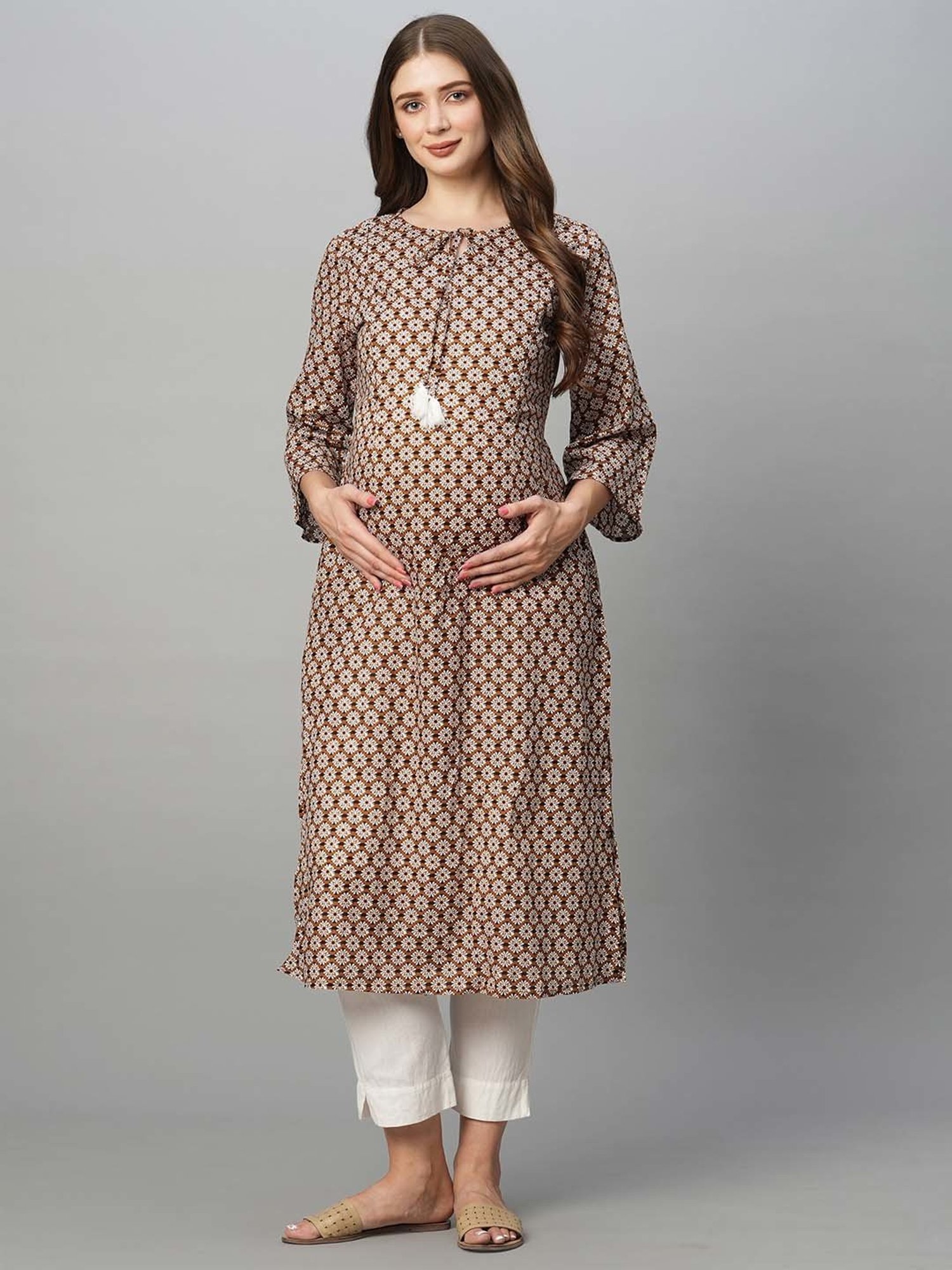 MomToBe Brown Floral Print Maternity Kurti