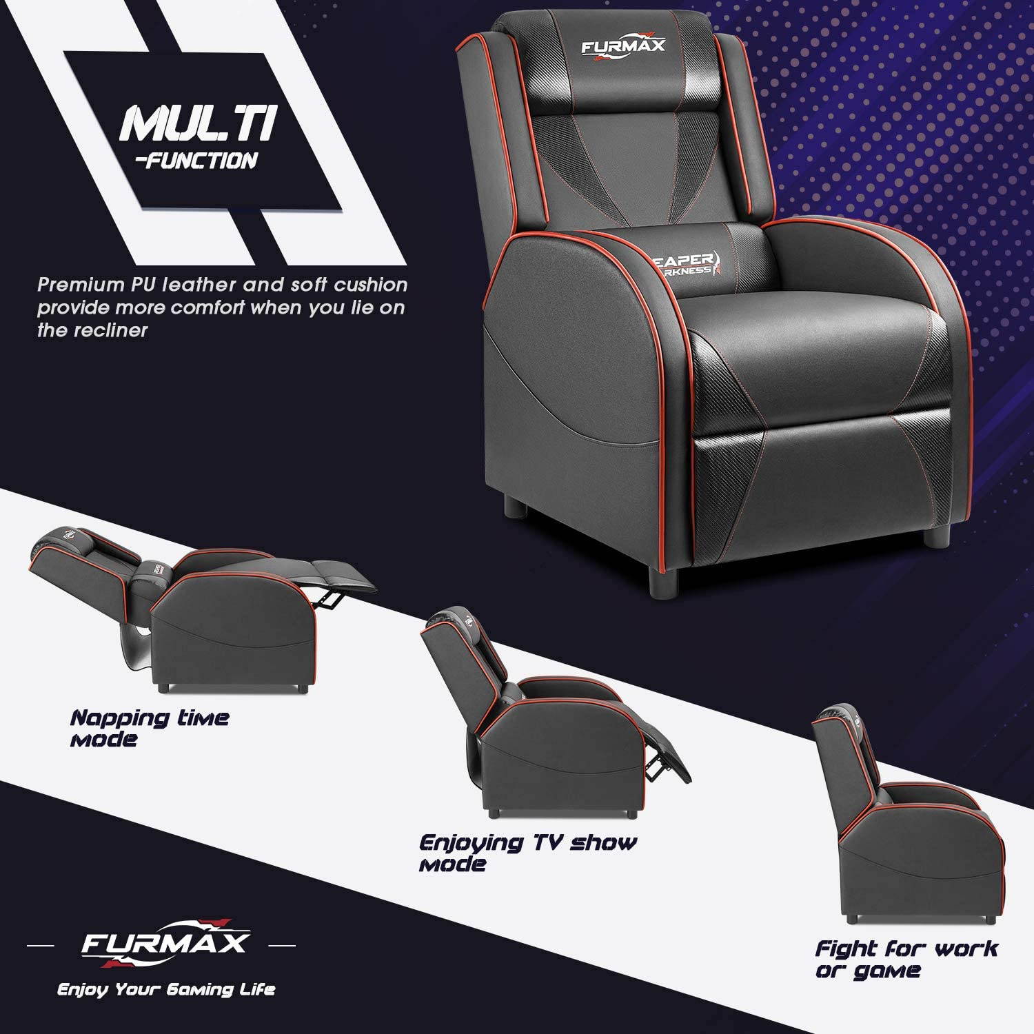 Furmax Gaming Recliner Chair Racing Style Single Ergonomic Lounge Sofa PU Leather Reclining Home Theater Seat for Living Room (Blue)