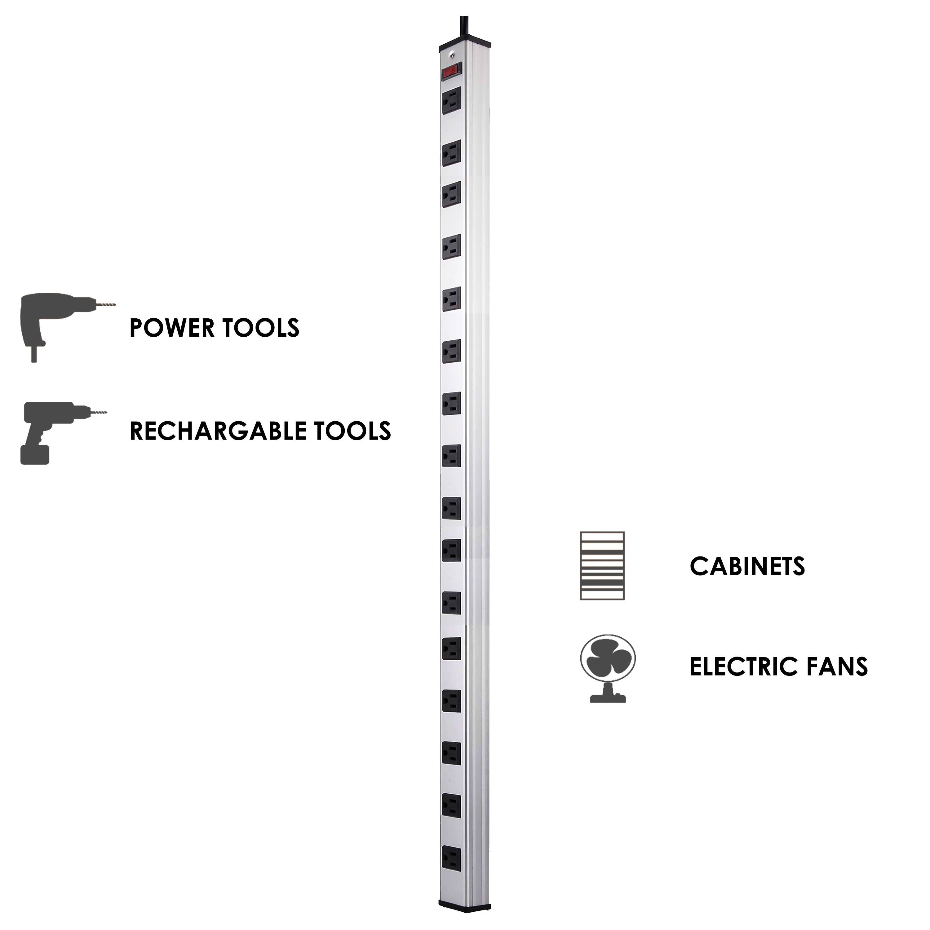 BESTTEN 12-Foot 16-Outlet Heavy Duty Aluminium Alloy Metal Power Strip, Ultra Long Extension Power Cord, 15A ON/Off Circuit Breaker, Mounting Brackets Included, UL Certified, Silver