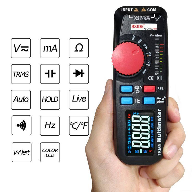 ADM92CL PRO Mini TRMS Dual Mode Multimeter AC/DC Voltage Current Resistance Diode Capacitance Frequency Meter 6000 Counts Display with Data Hold Backlight Auto Power Off Function