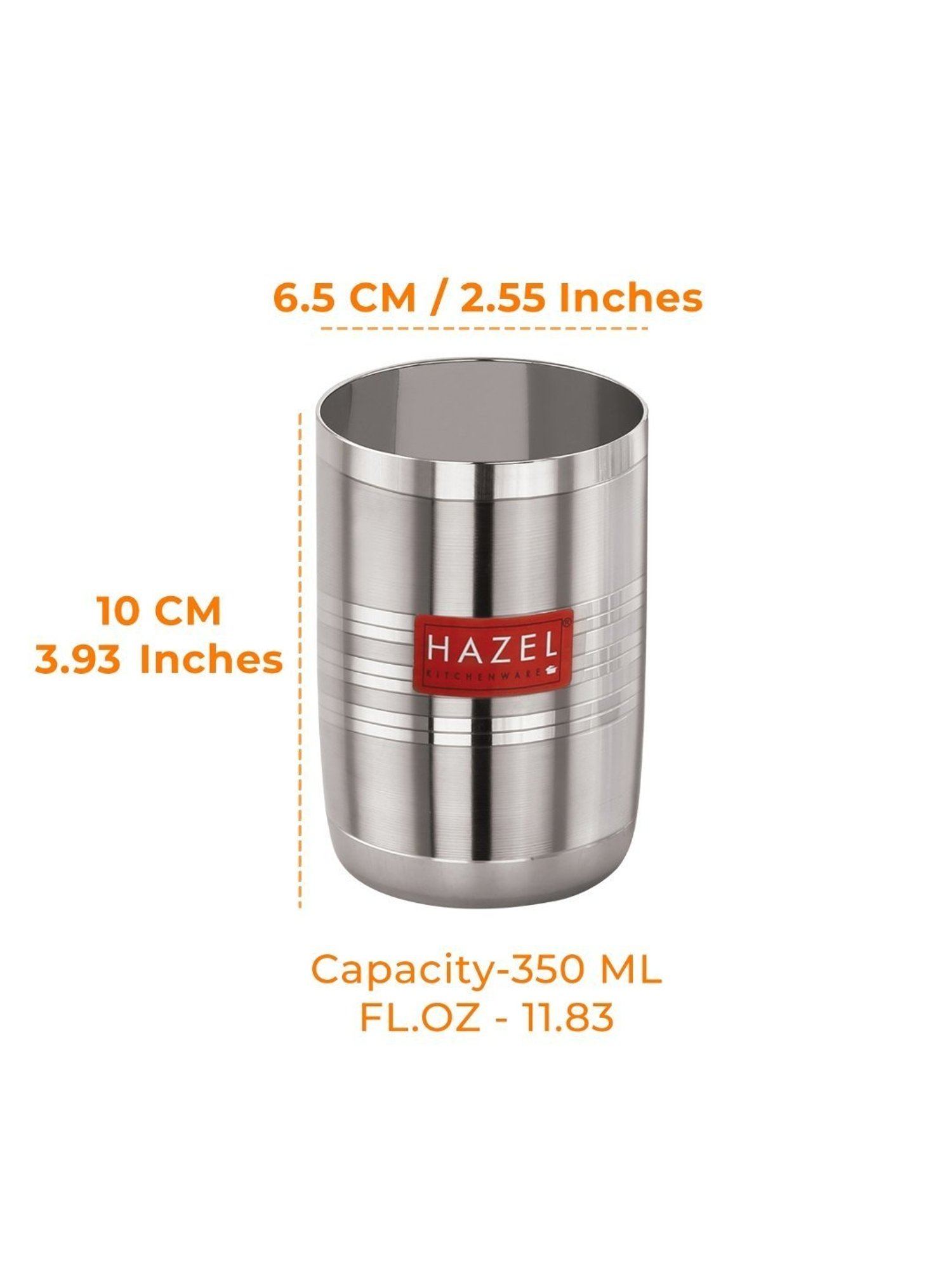 HAZEL Silver Stainless Steel Drinking Water Glasses - Set of 6 (350ml)