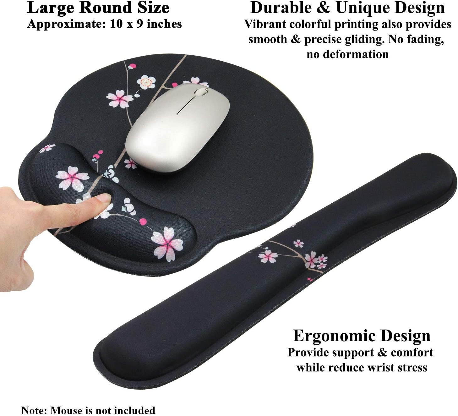 Meffort Inc Mouse Pad Wrist Support & Gaming Keyboard Wrist Pad Combo Set &ndash; Durable Ergonomic Anti Slip Non-Slip Round Base Rest Support - Plum Blossoms Design