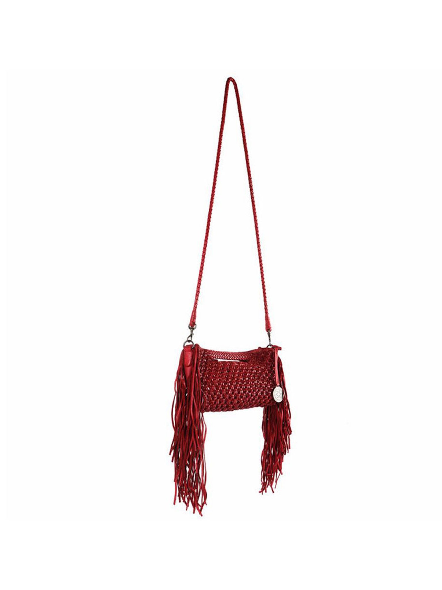KOMPANERO Macrame Red Leather Textured Sling Handbag