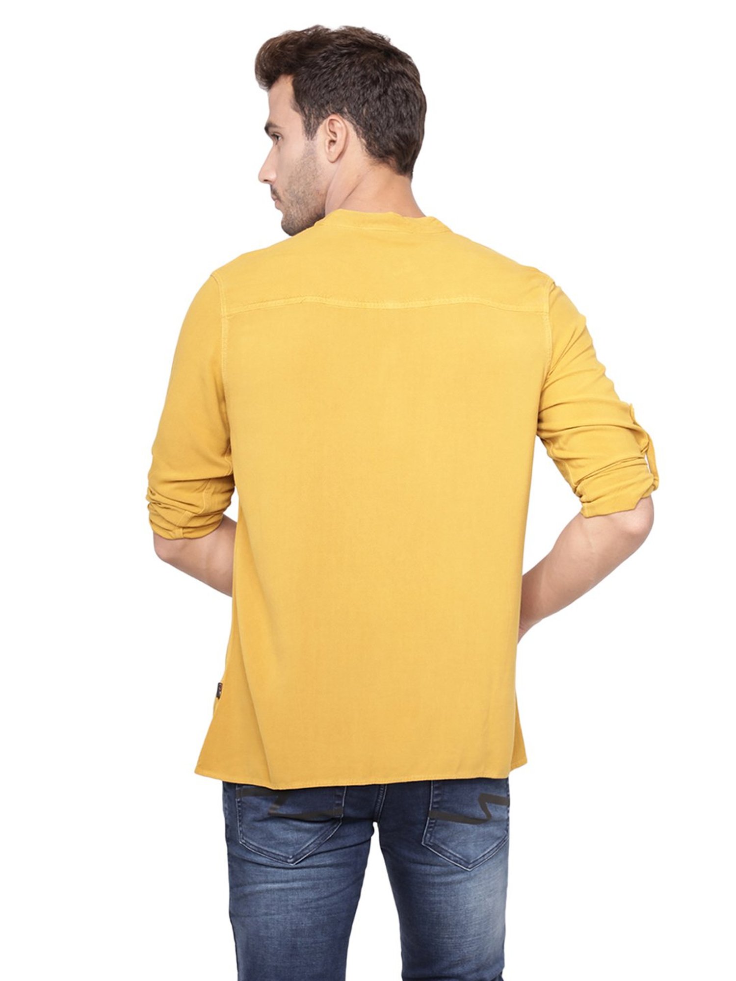 Identiti Mustard Solid Slim Fit Short Kurta